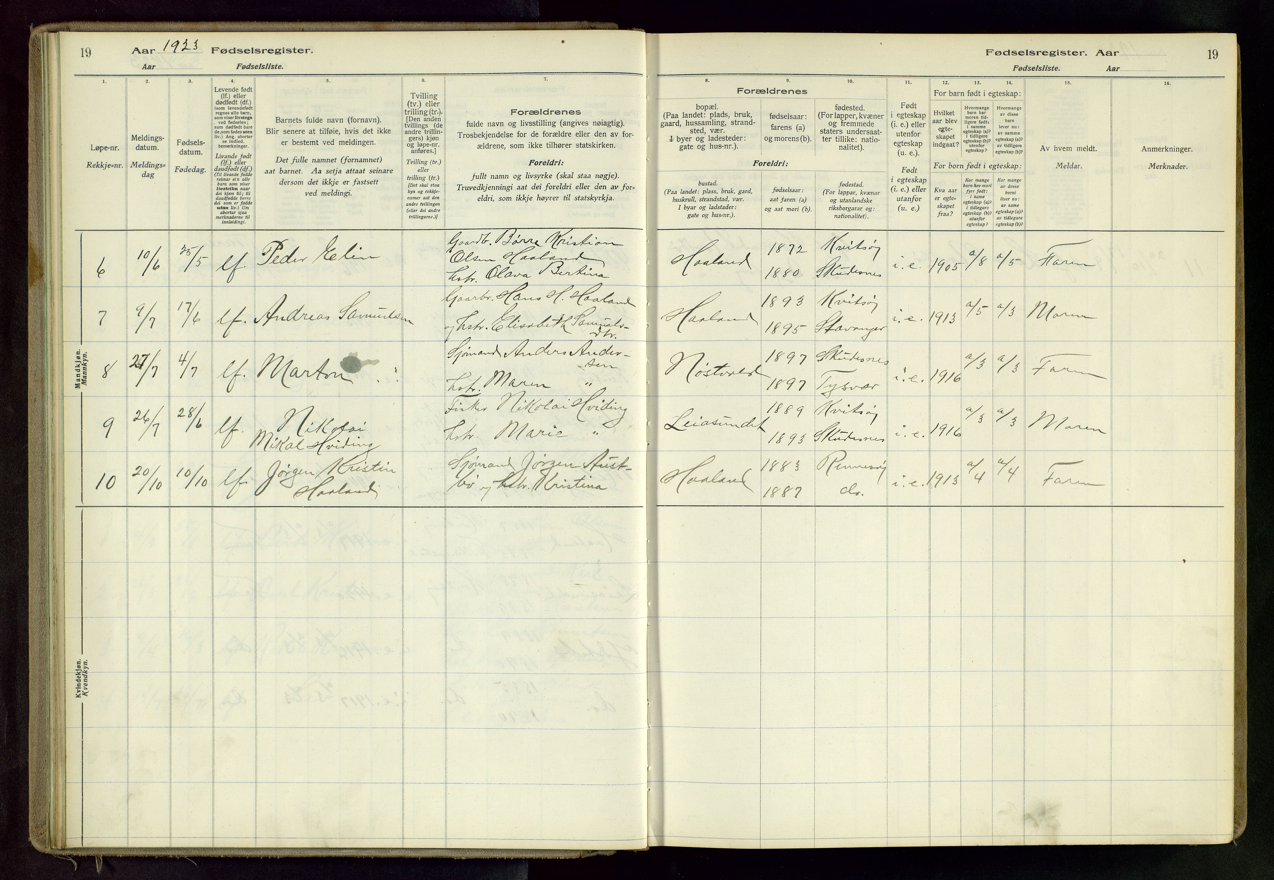 Randaberg sokneprestkontor, SAST/A-101798/001/A/L0004: Fødselsregister nr. 4, 1916-1982, s. 19