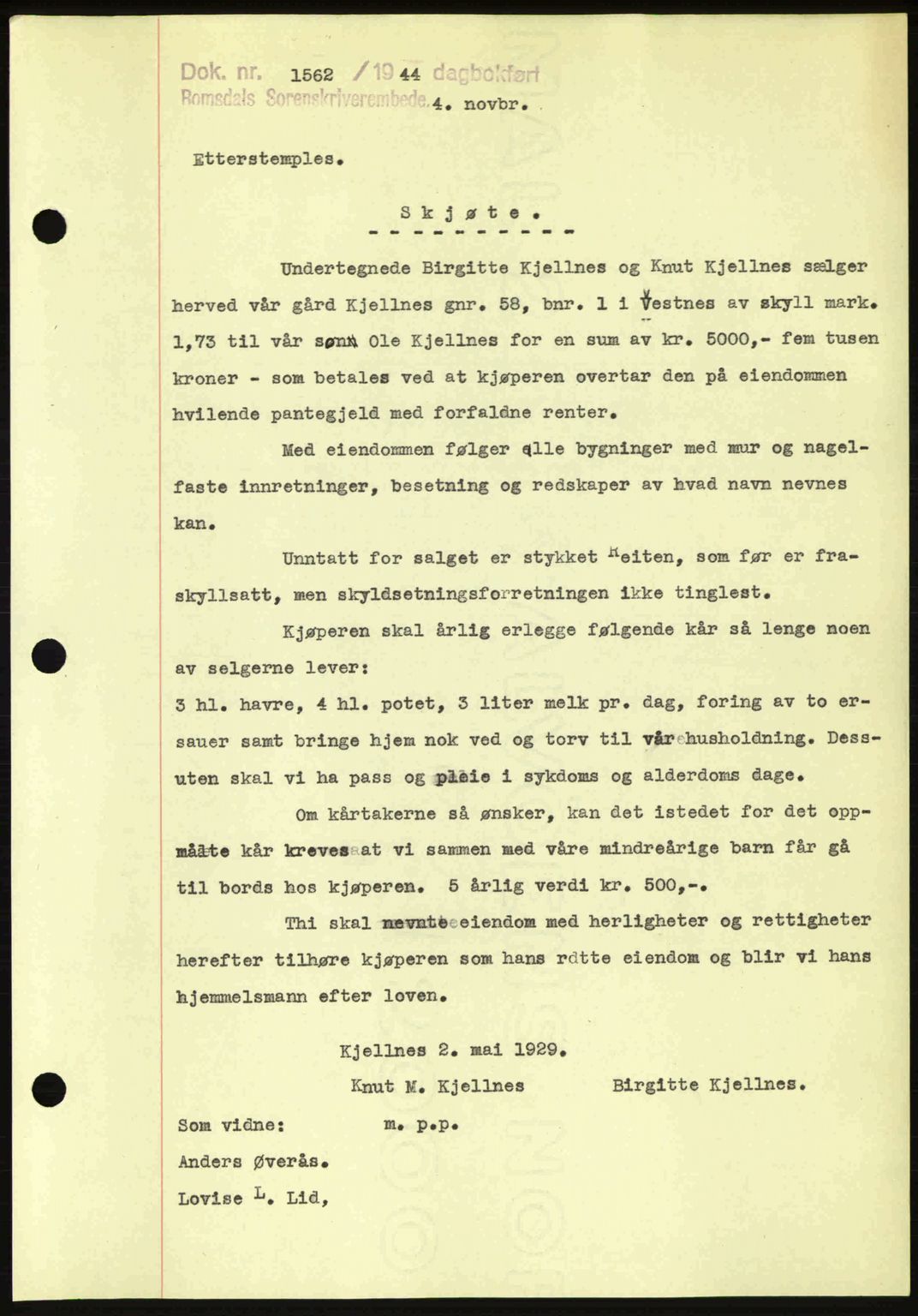 Romsdal sorenskriveri, SAT/A-4149/1/2/2C: Pantebok nr. A17, 1944-1945, Dagboknr: 1562/1944