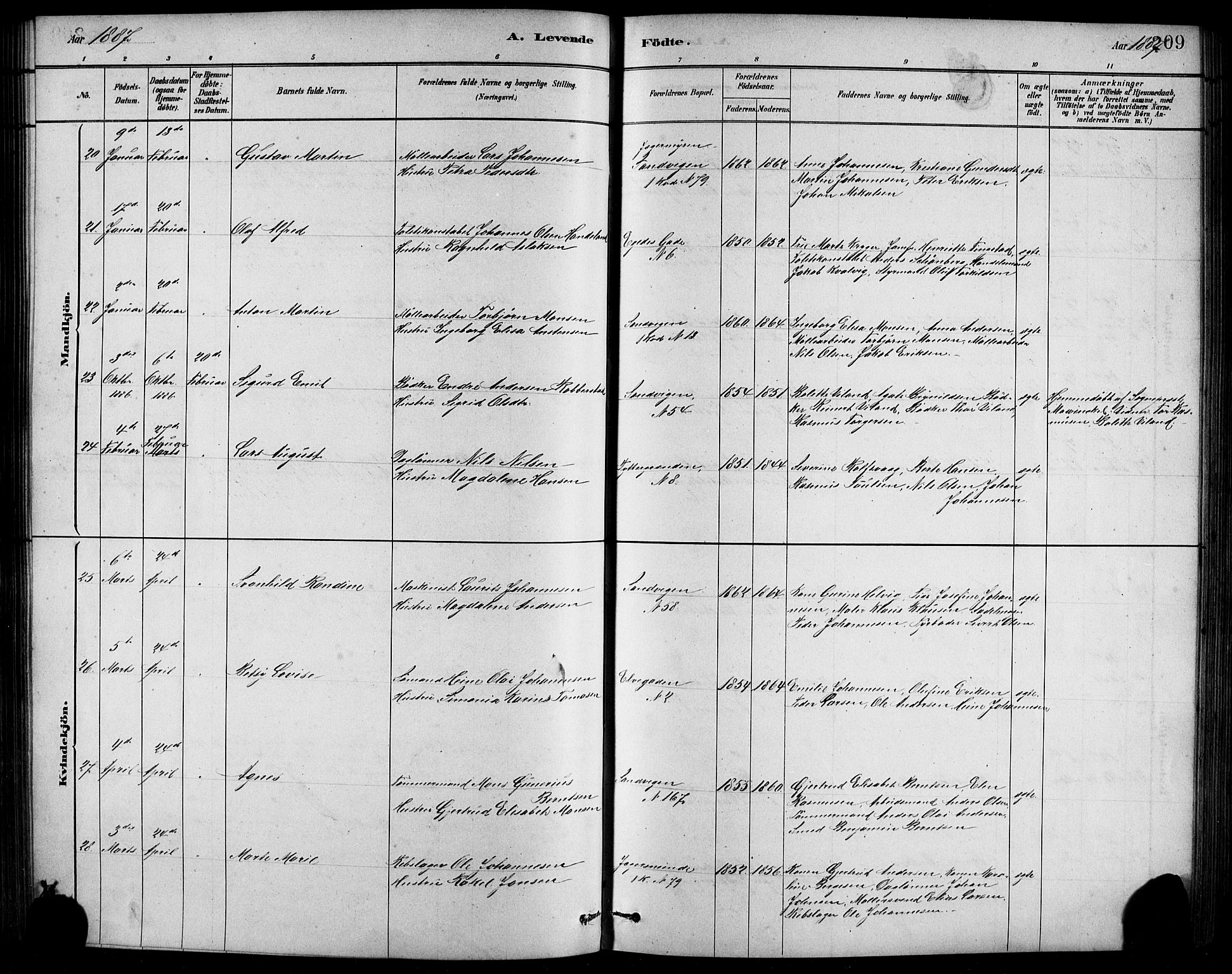 Sandviken Sokneprestembete, AV/SAB-A-77601/H/Hb/L0001: Klokkerbok nr. A 2, 1879-1892, s. 209