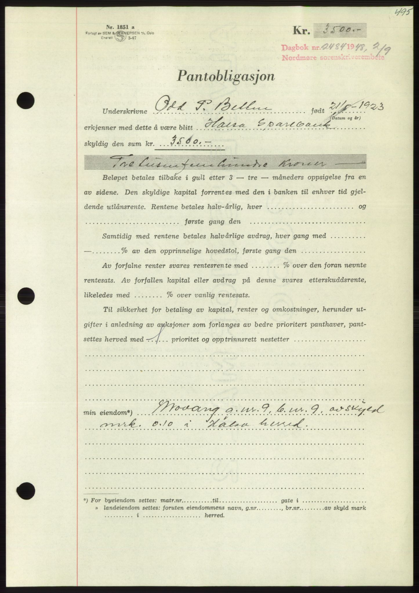 Nordmøre sorenskriveri, SAT/A-4132/1/2/2Ca: Pantebok nr. B99, 1948-1948, Dagboknr: 2484/1948