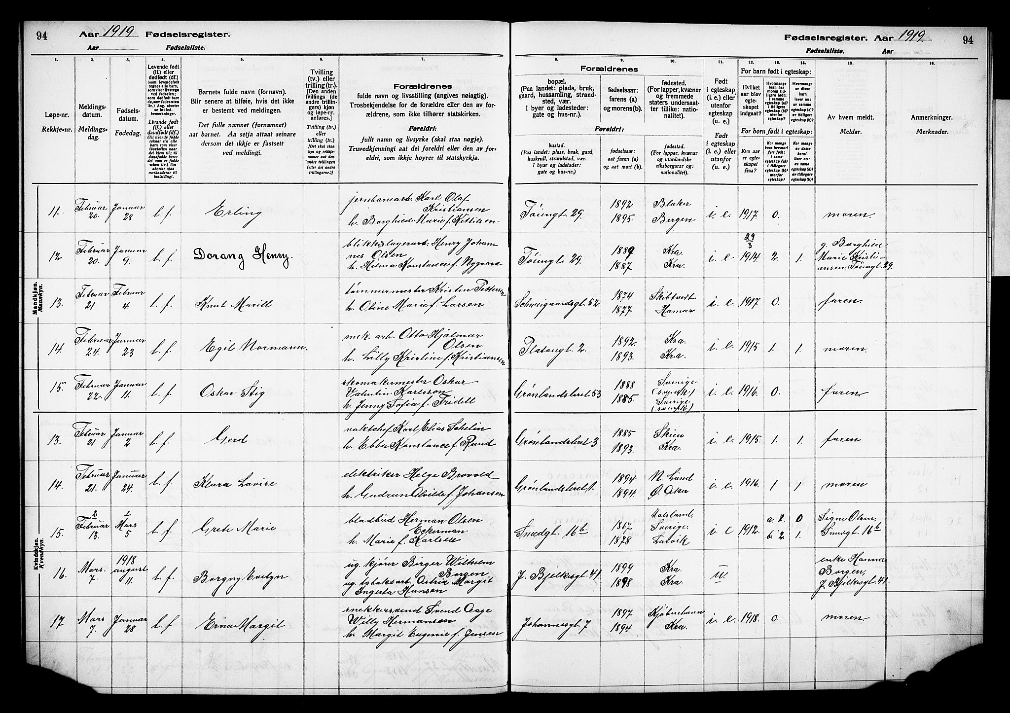 Grønland prestekontor Kirkebøker, AV/SAO-A-10848/J/Ja/L0001: Fødselsregister nr. 1, 1916-1922, s. 94