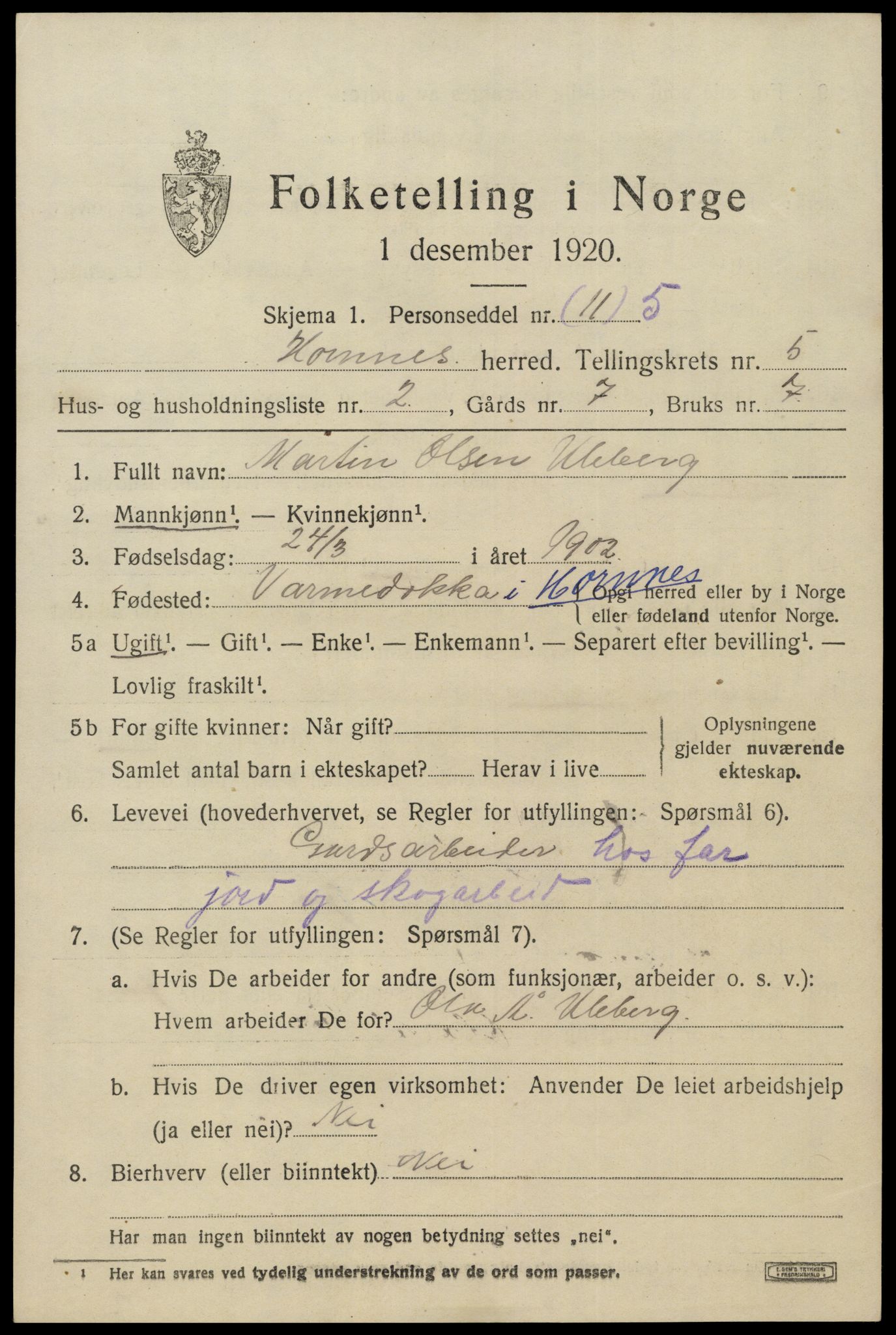 SAK, Folketelling 1920 for 0936 Hornnes herred, 1920, s. 1355