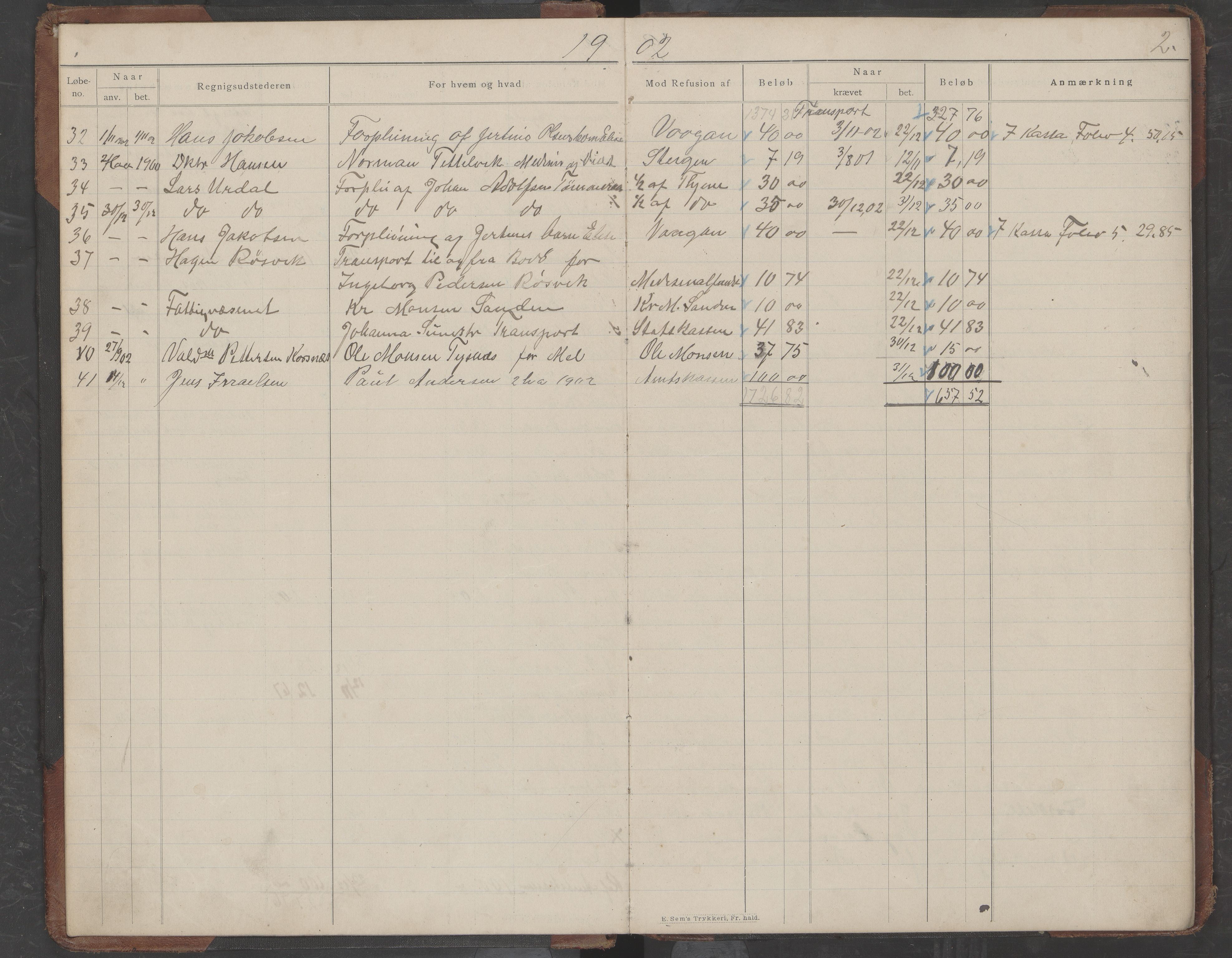 Hamarøy kommune. Fattigstyret, AIN/K-18490.610/332/L0004: Refusjonsprotokoll, 1902-1912