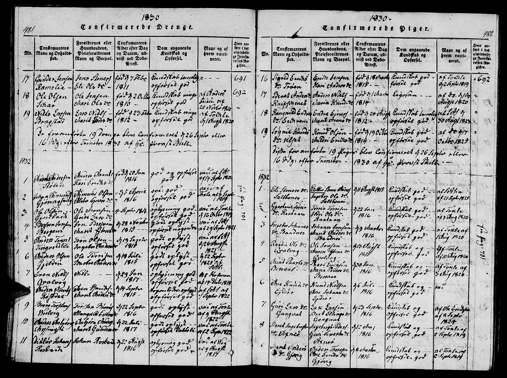 Ministerialprotokoller, klokkerbøker og fødselsregistre - Møre og Romsdal, AV/SAT-A-1454/586/L0990: Klokkerbok nr. 586C01, 1819-1837, s. 481-482