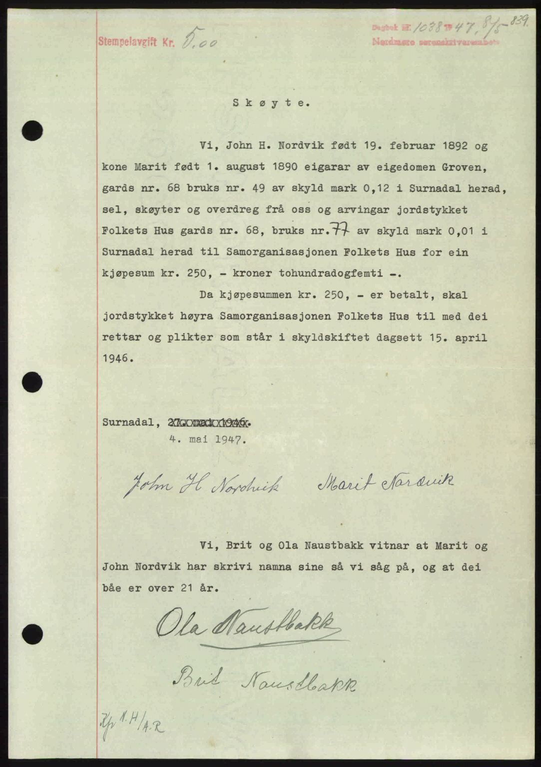 Nordmøre sorenskriveri, SAT/A-4132/1/2/2Ca: Pantebok nr. A104, 1947-1947, Dagboknr: 1038/1947