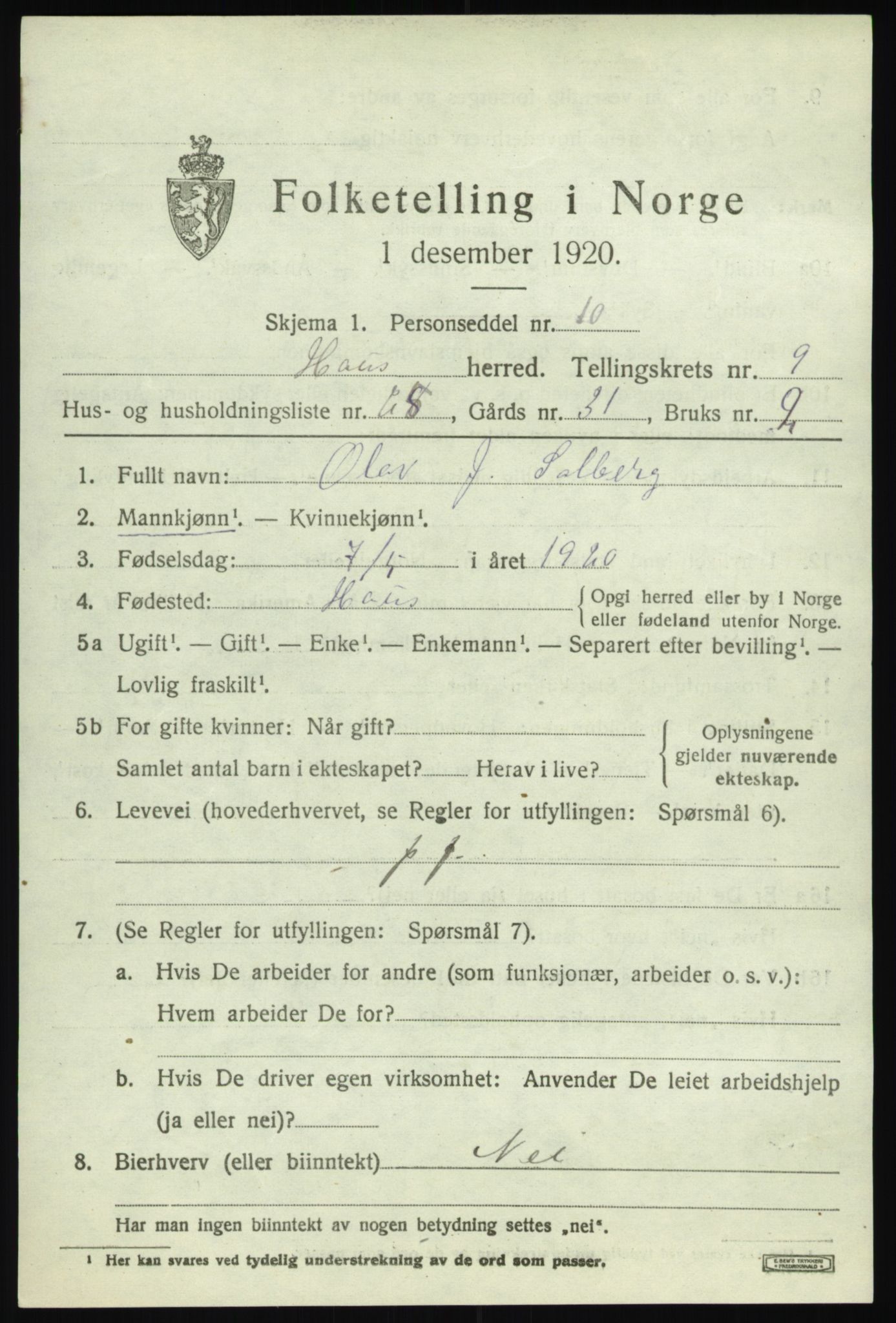 SAB, Folketelling 1920 for 1250 Haus herred, 1920, s. 5869