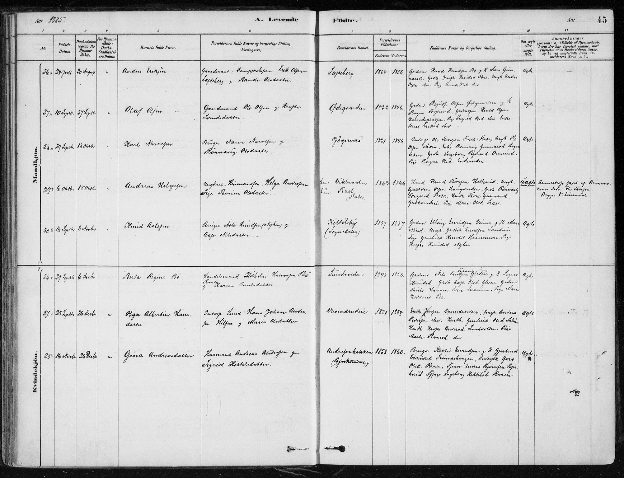 Krødsherad kirkebøker, AV/SAKO-A-19/F/Fa/L0005: Ministerialbok nr. 5, 1879-1888, s. 45