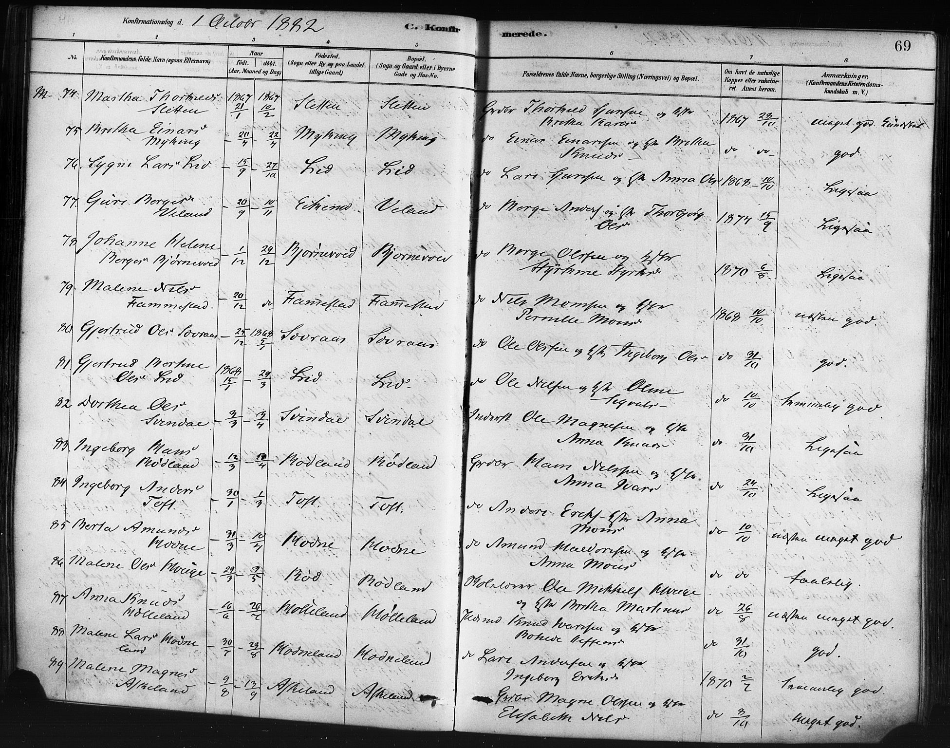 Lindås Sokneprestembete, AV/SAB-A-76701/H/Haa/Haaa/L0019: Ministerialbok nr. A 19, 1878-1912, s. 69