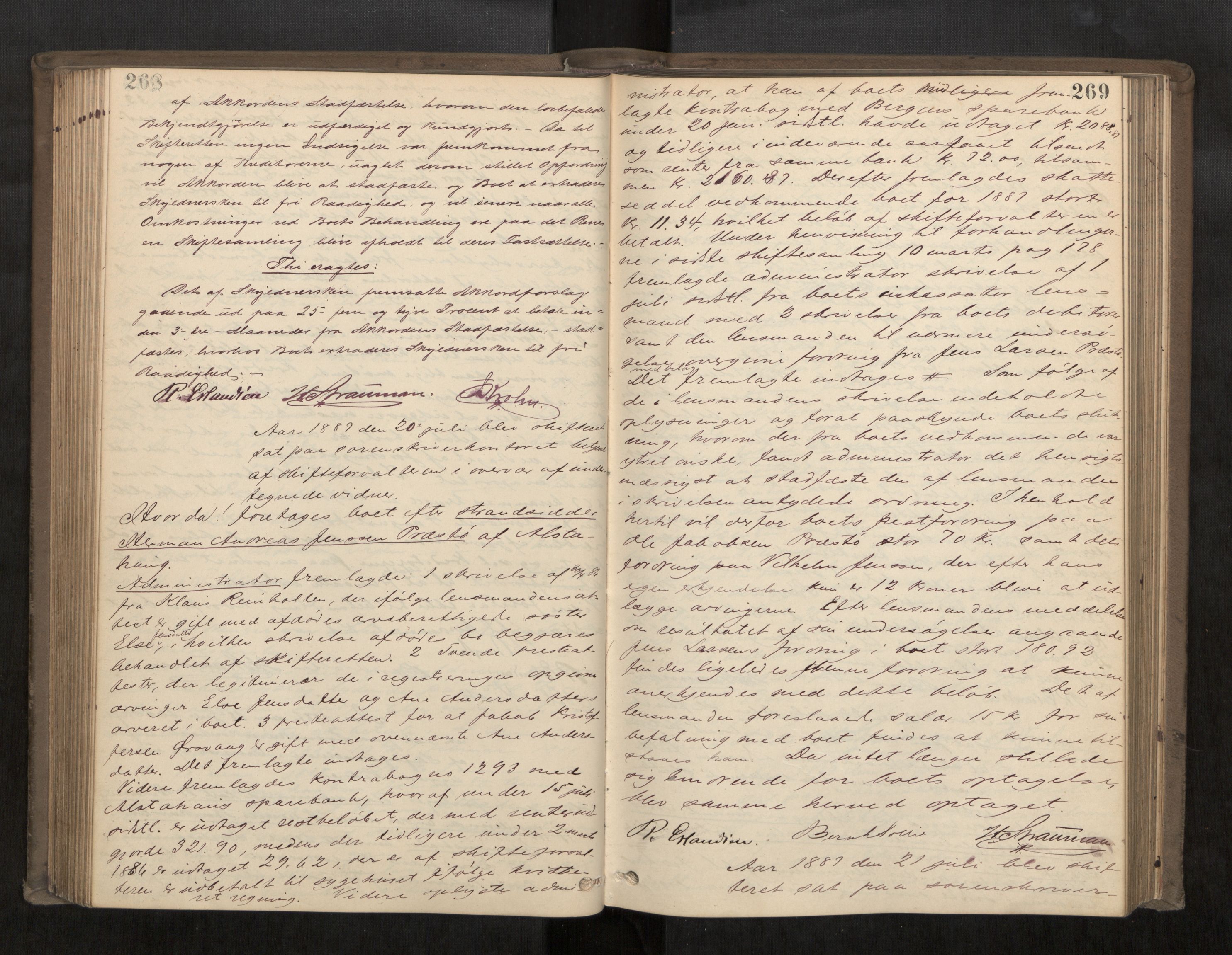 Søndre Helgeland sorenskriveri, AV/SAT-A-4575/1/3/3B/L0003: Skiftebehandlingsprotokoll, 1885-1889, s. 268-269