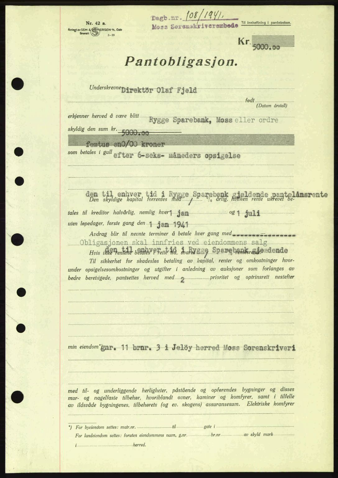 Moss sorenskriveri, SAO/A-10168: Pantebok nr. B10, 1940-1941, Dagboknr: 108/1941