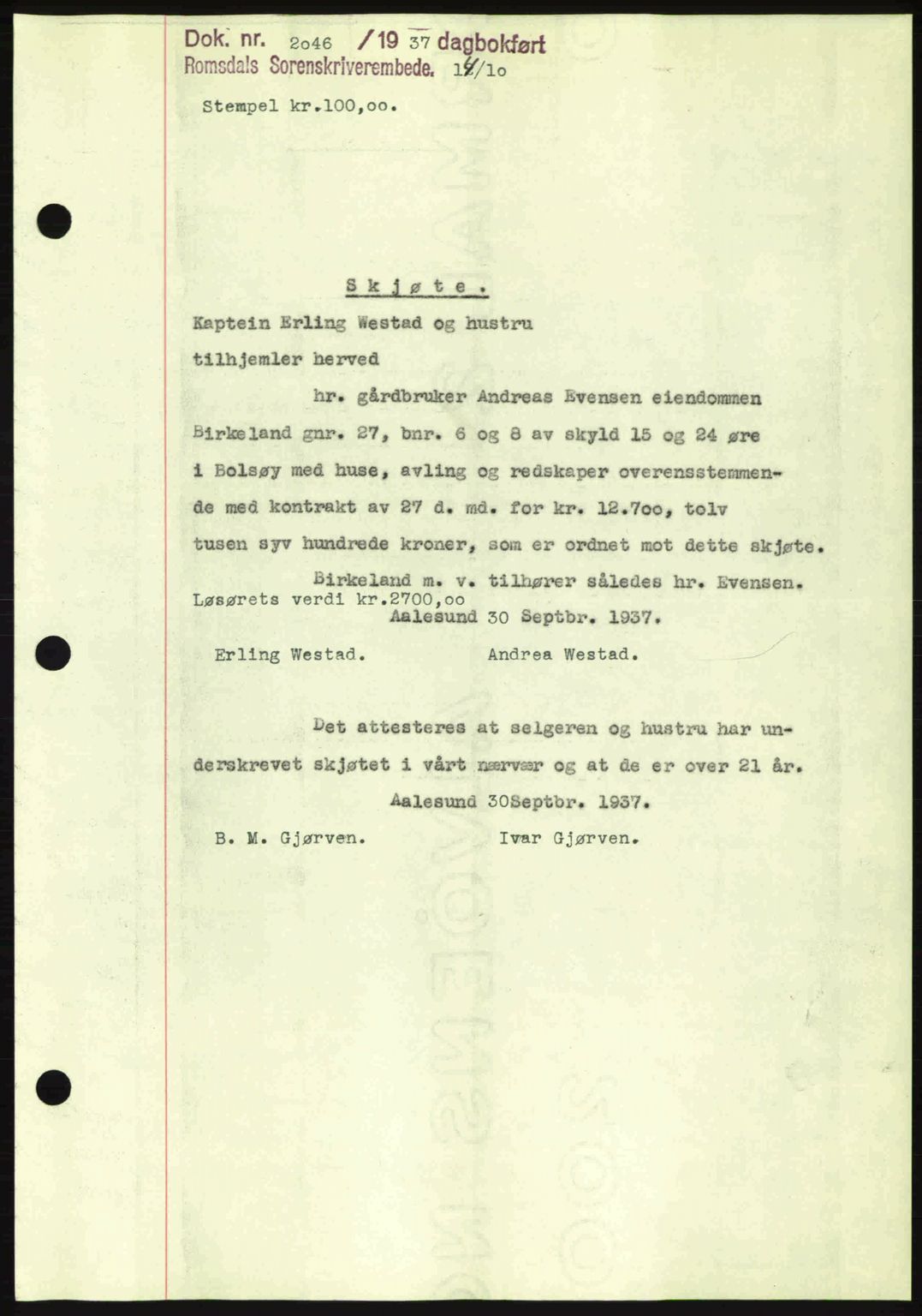 Romsdal sorenskriveri, SAT/A-4149/1/2/2C: Pantebok nr. A4, 1937-1938, Dagboknr: 2046/1937