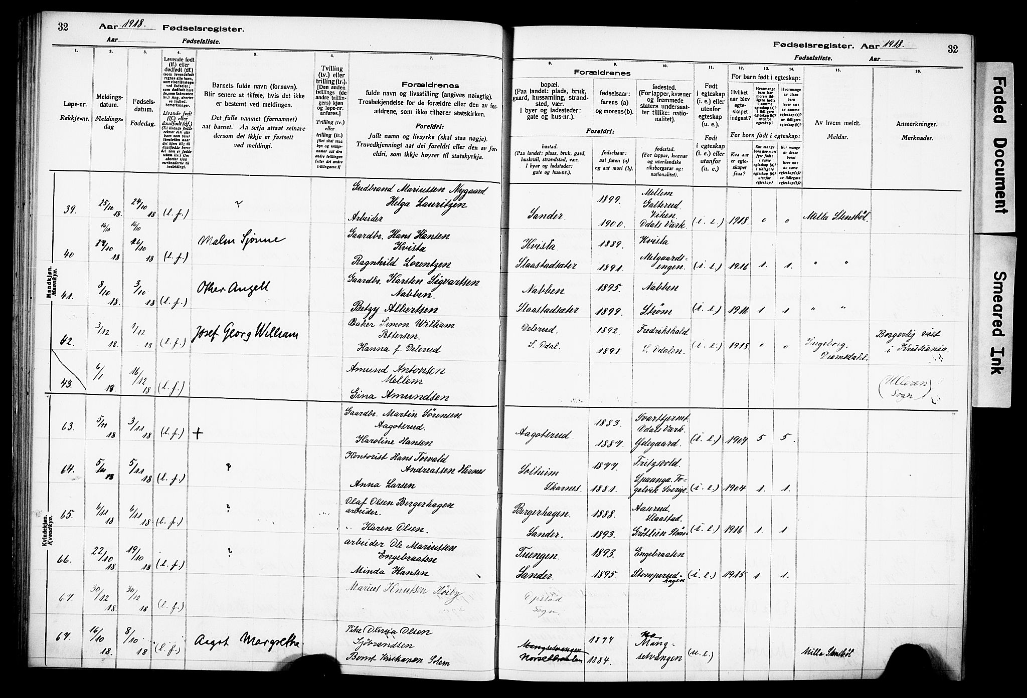 Sør-Odal prestekontor, AV/SAH-PREST-030/I/Id: Fødselsregister nr. 1, 1916-1931, s. 32