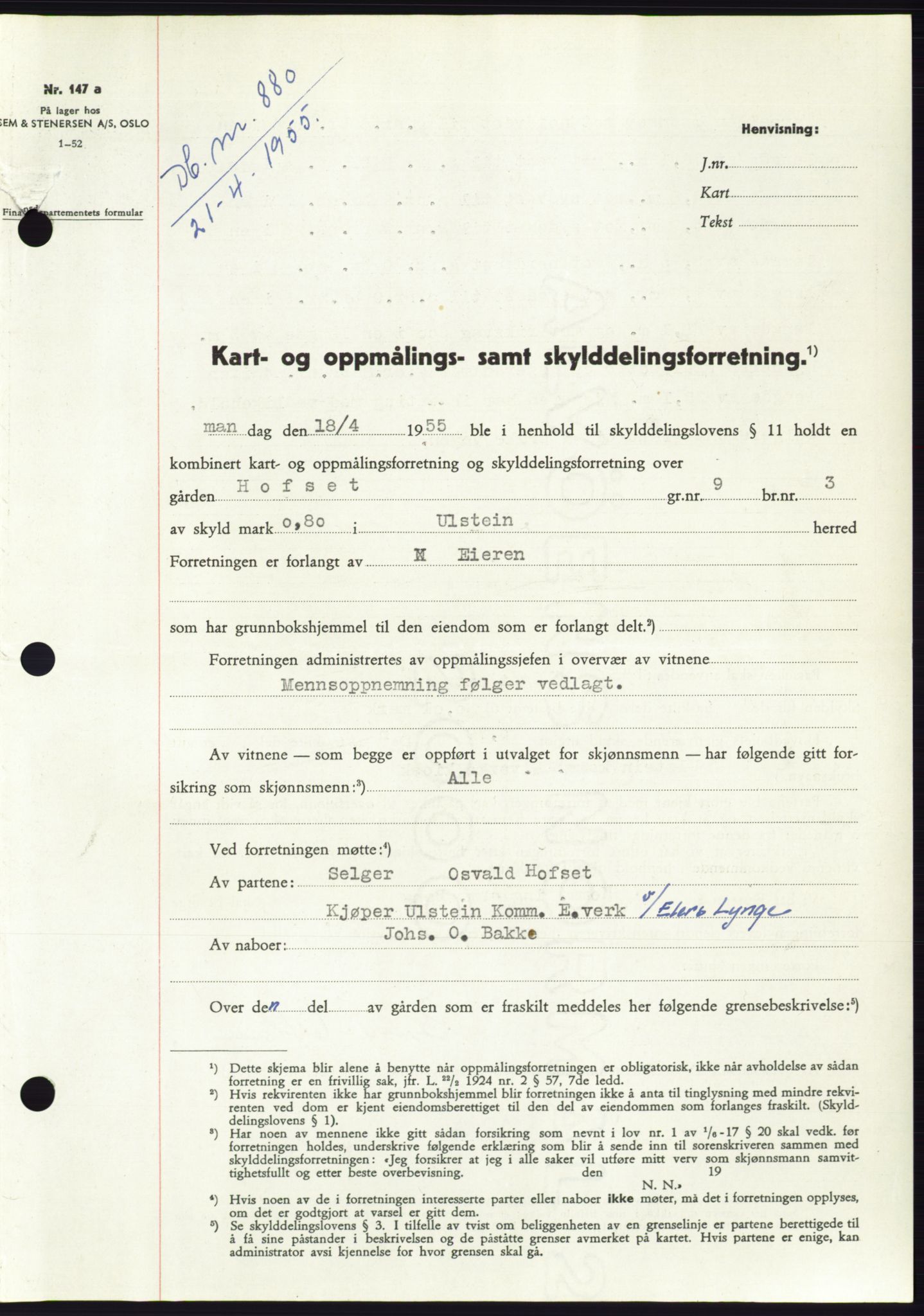 Søre Sunnmøre sorenskriveri, SAT/A-4122/1/2/2C/L0100: Pantebok nr. 26A, 1954-1955, Dagboknr: 880/1955