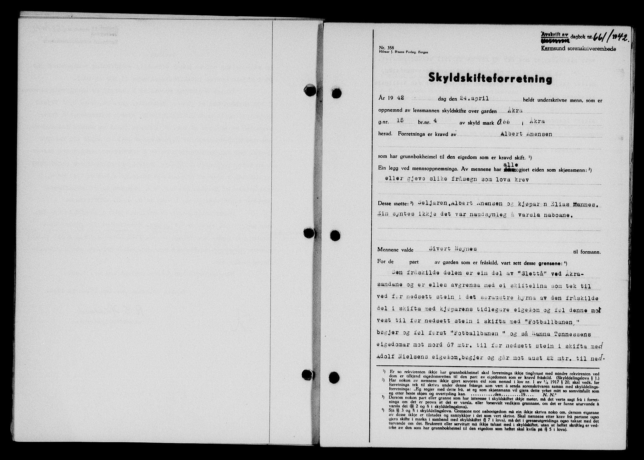Karmsund sorenskriveri, SAST/A-100311/01/II/IIB/L0077: Pantebok nr. 58A, 1942-1942, Dagboknr: 661/1942