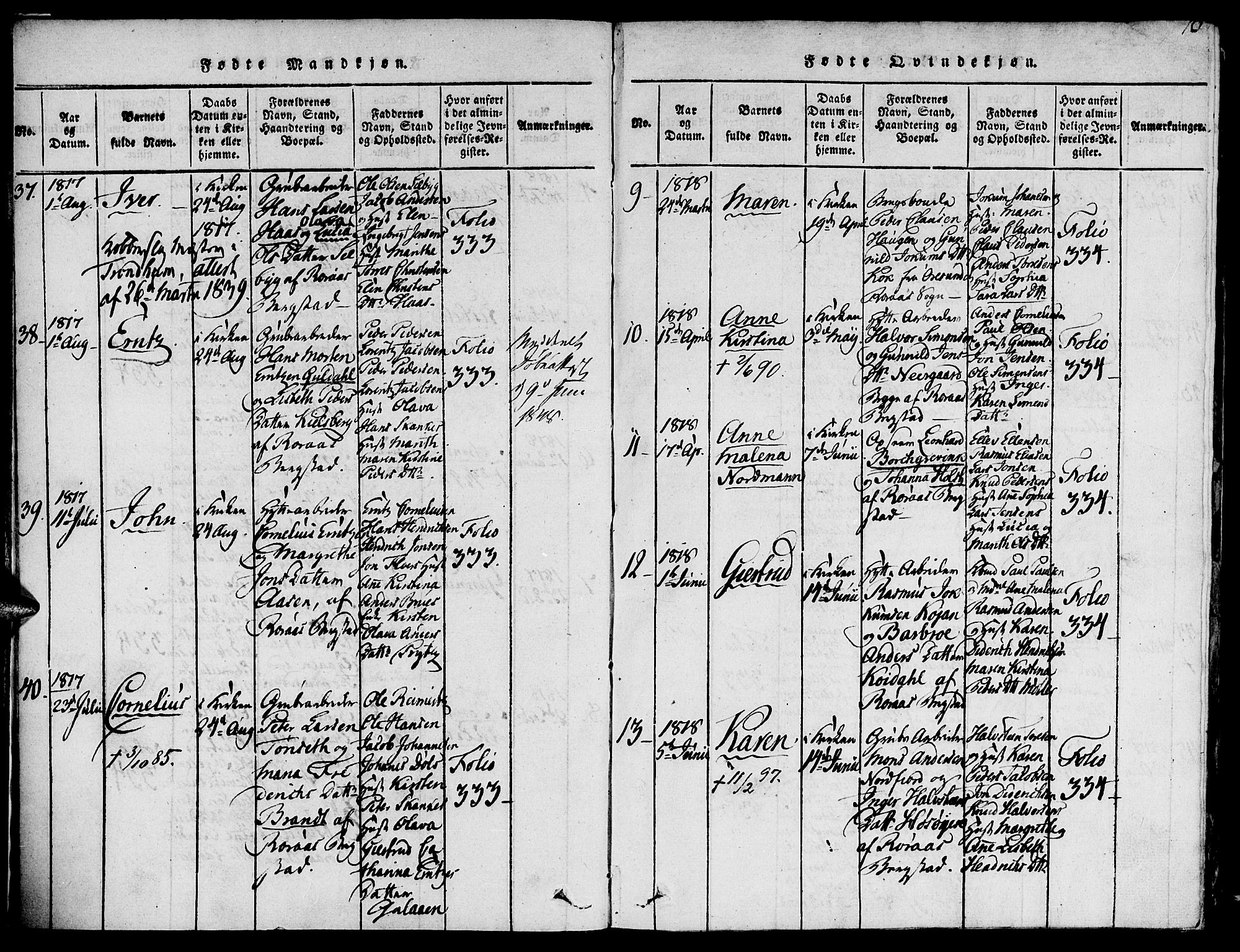 Ministerialprotokoller, klokkerbøker og fødselsregistre - Sør-Trøndelag, SAT/A-1456/681/L0929: Ministerialbok nr. 681A07, 1817-1828, s. 10