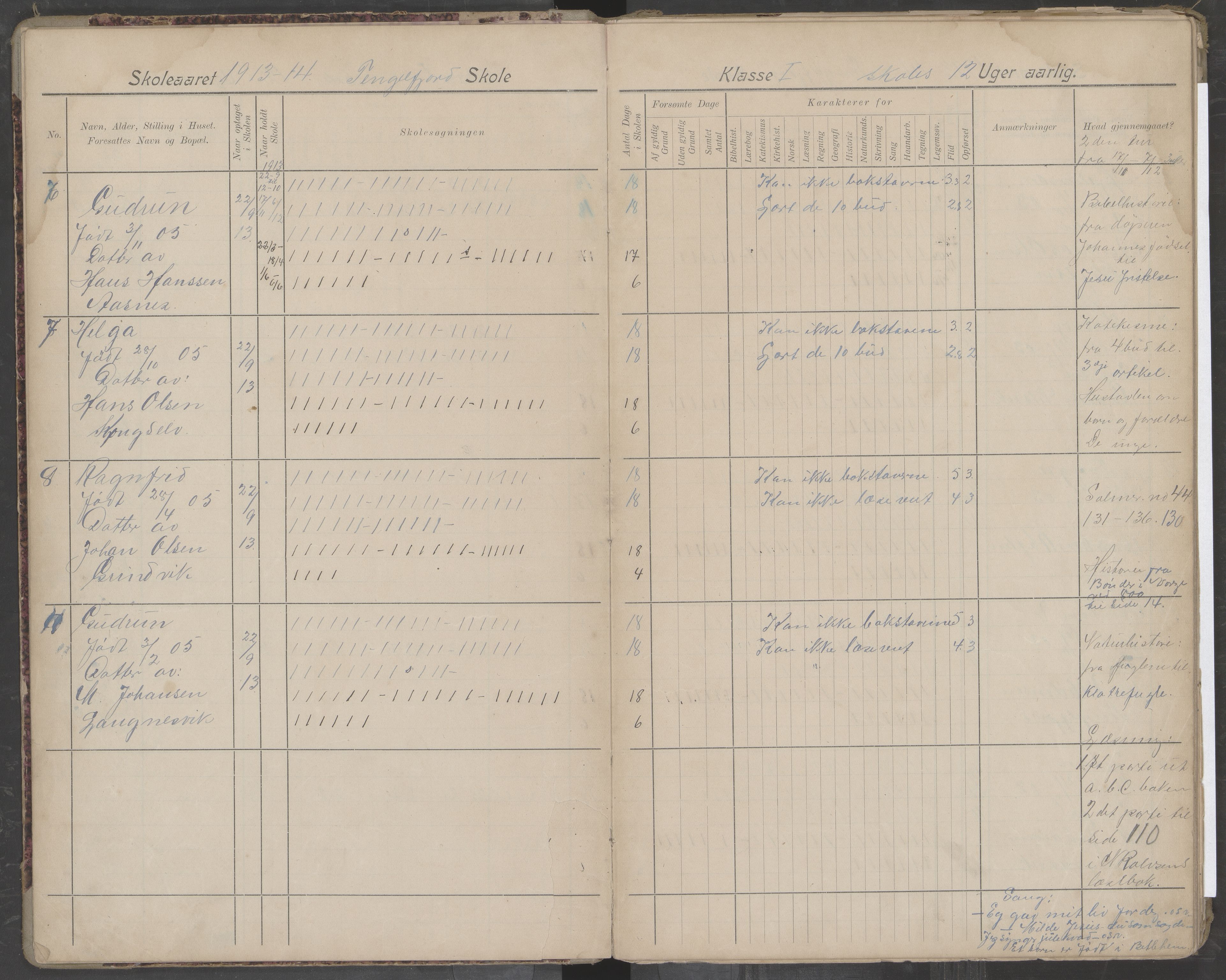 Hadsel kommune. Tengelfjord skolekrets, AIN/K-18660.510.04/G/L0002: Skoleprotokoll for Tengelfjord skole, 1913-1920