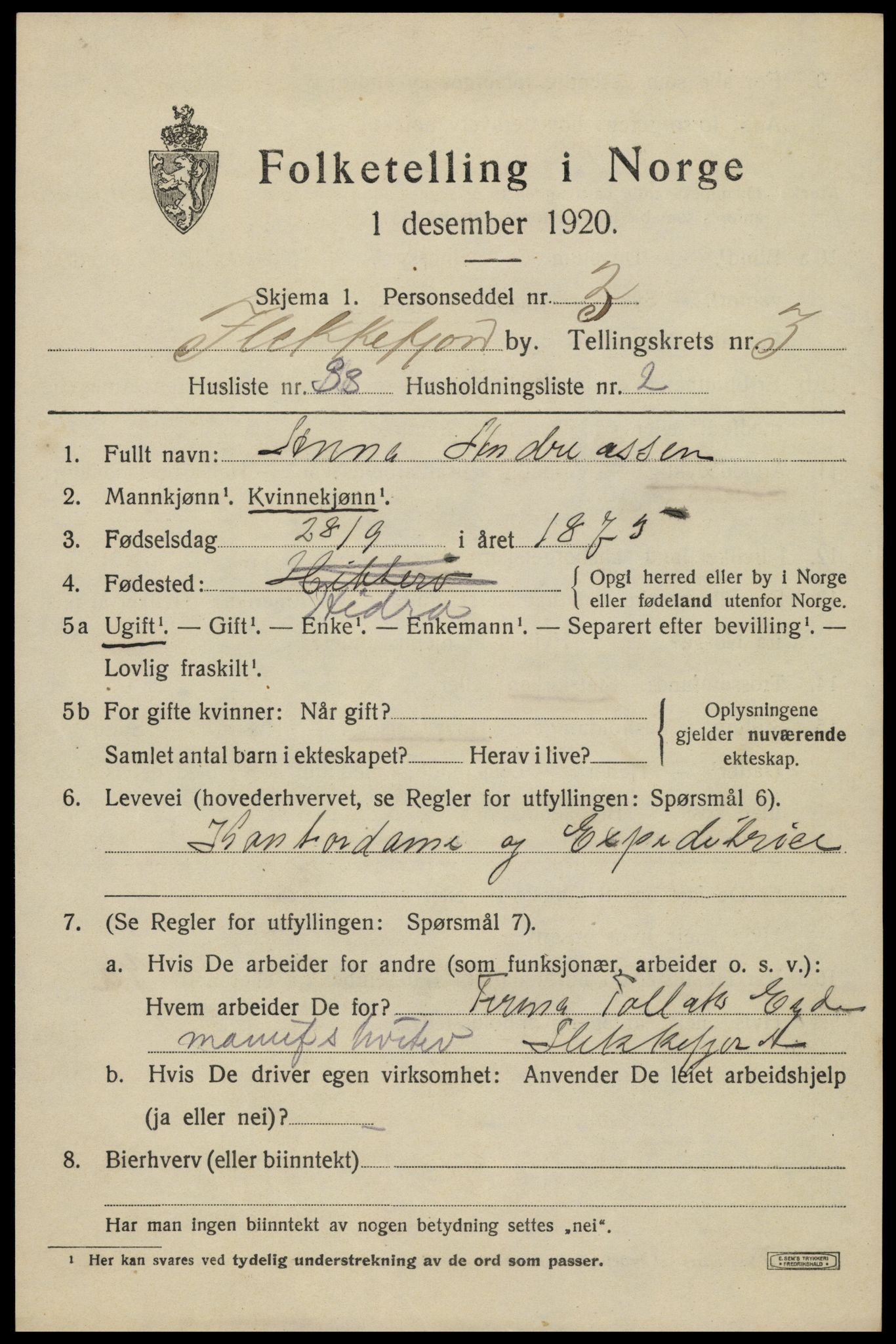 SAK, Folketelling 1920 for 1004 Flekkefjord kjøpstad, 1920, s. 3796