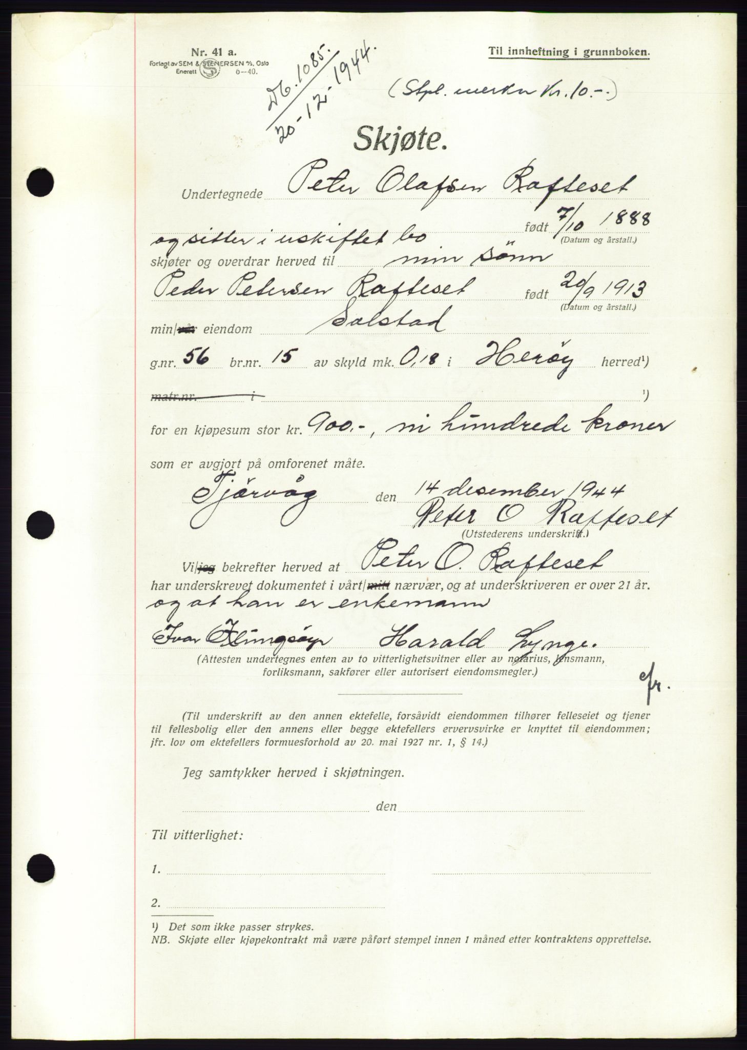 Søre Sunnmøre sorenskriveri, SAT/A-4122/1/2/2C/L0076: Pantebok nr. 2A, 1943-1944, Dagboknr: 1085/1944