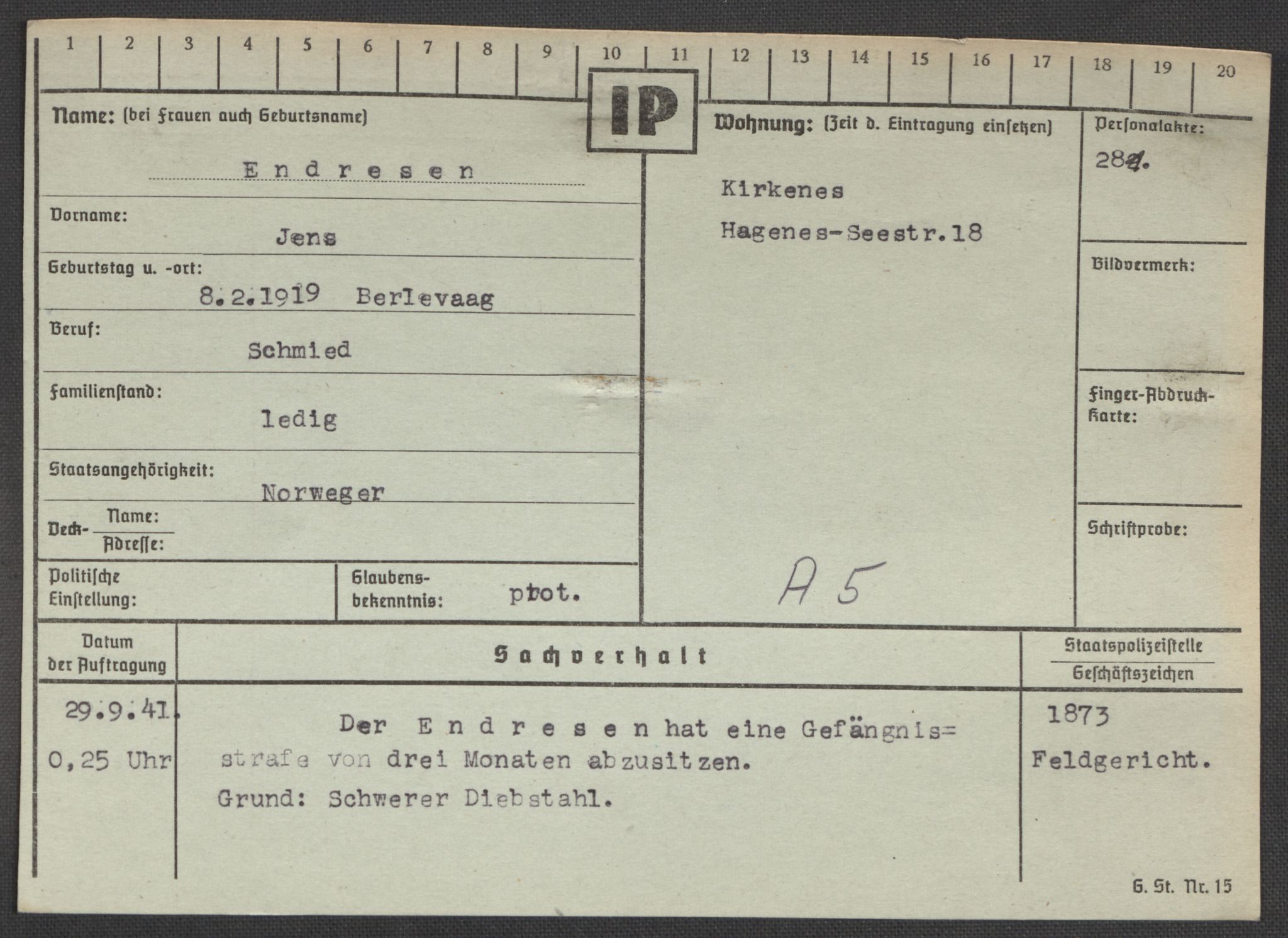 Befehlshaber der Sicherheitspolizei und des SD, AV/RA-RAFA-5969/E/Ea/Eaa/L0002: Register over norske fanger i Møllergata 19: Bj-Eng, 1940-1945, s. 1343