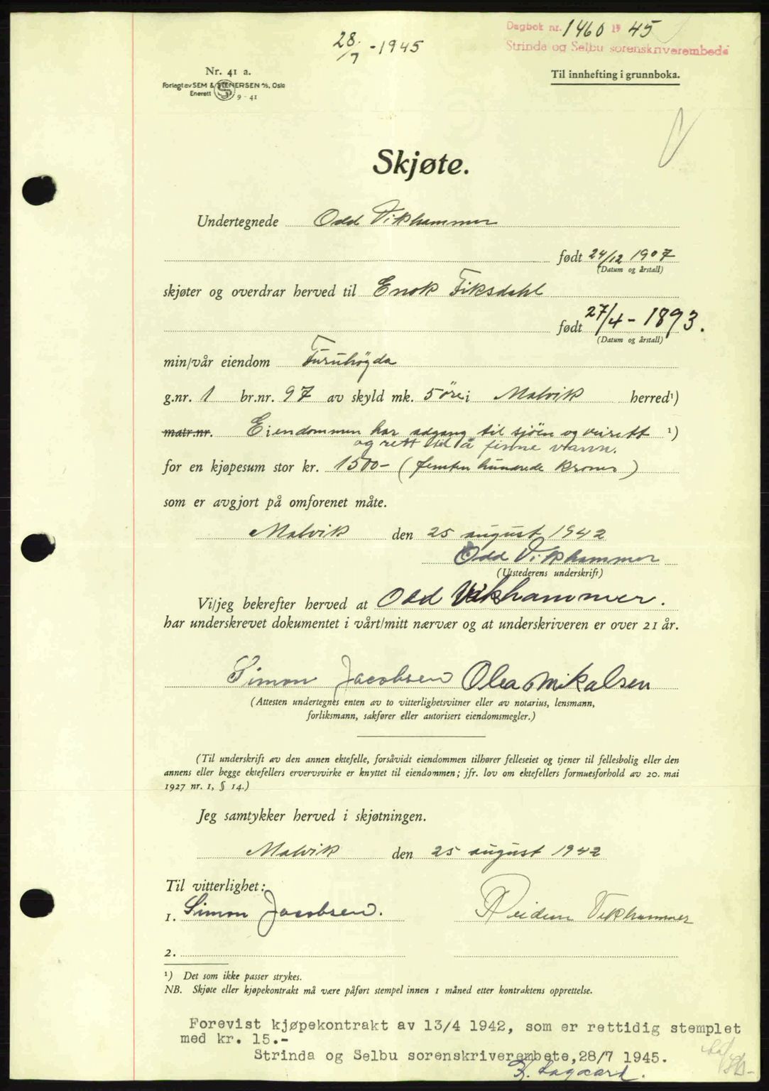 Strinda og Selbu sorenskriveri, SAT/A-0015/2/2C: Pantebok nr. A9, 1944-1945, Dagboknr: 1460/1945