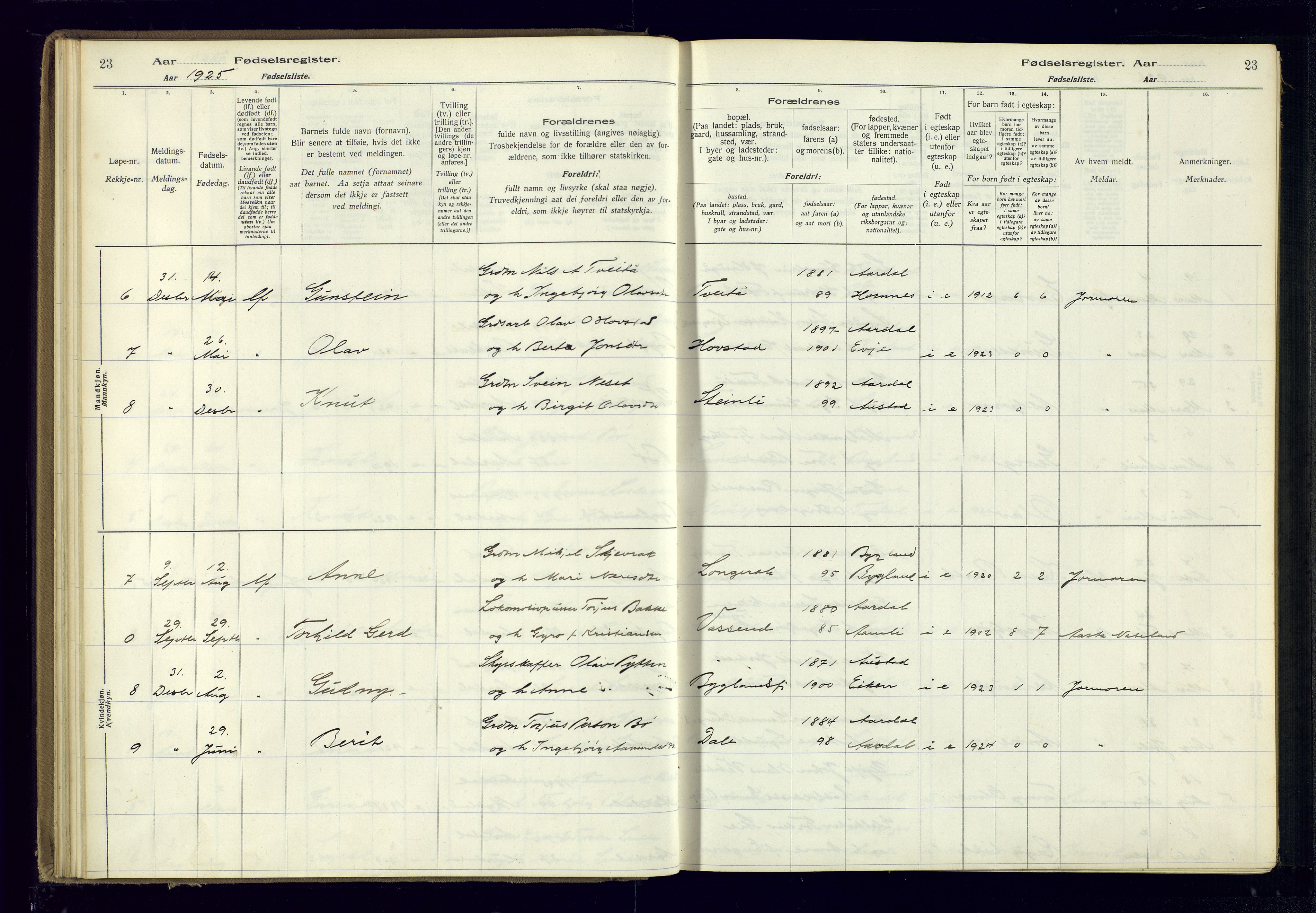 Bygland sokneprestkontor, AV/SAK-1111-0006/J/Ja/L0004: Fødselsregister nr. II.4.5, 1916-1983, s. 23