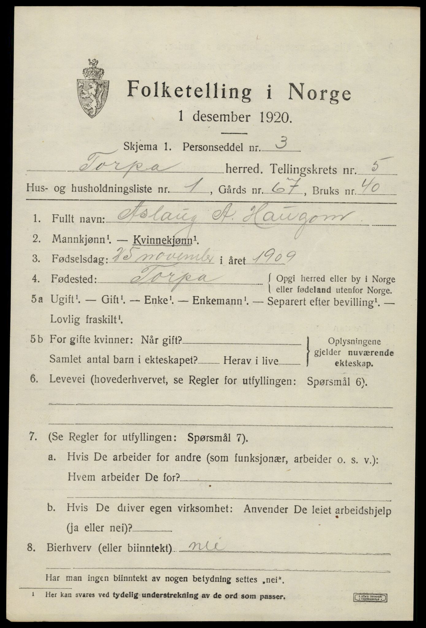 SAH, Folketelling 1920 for 0539 Torpa herred, 1920, s. 3491