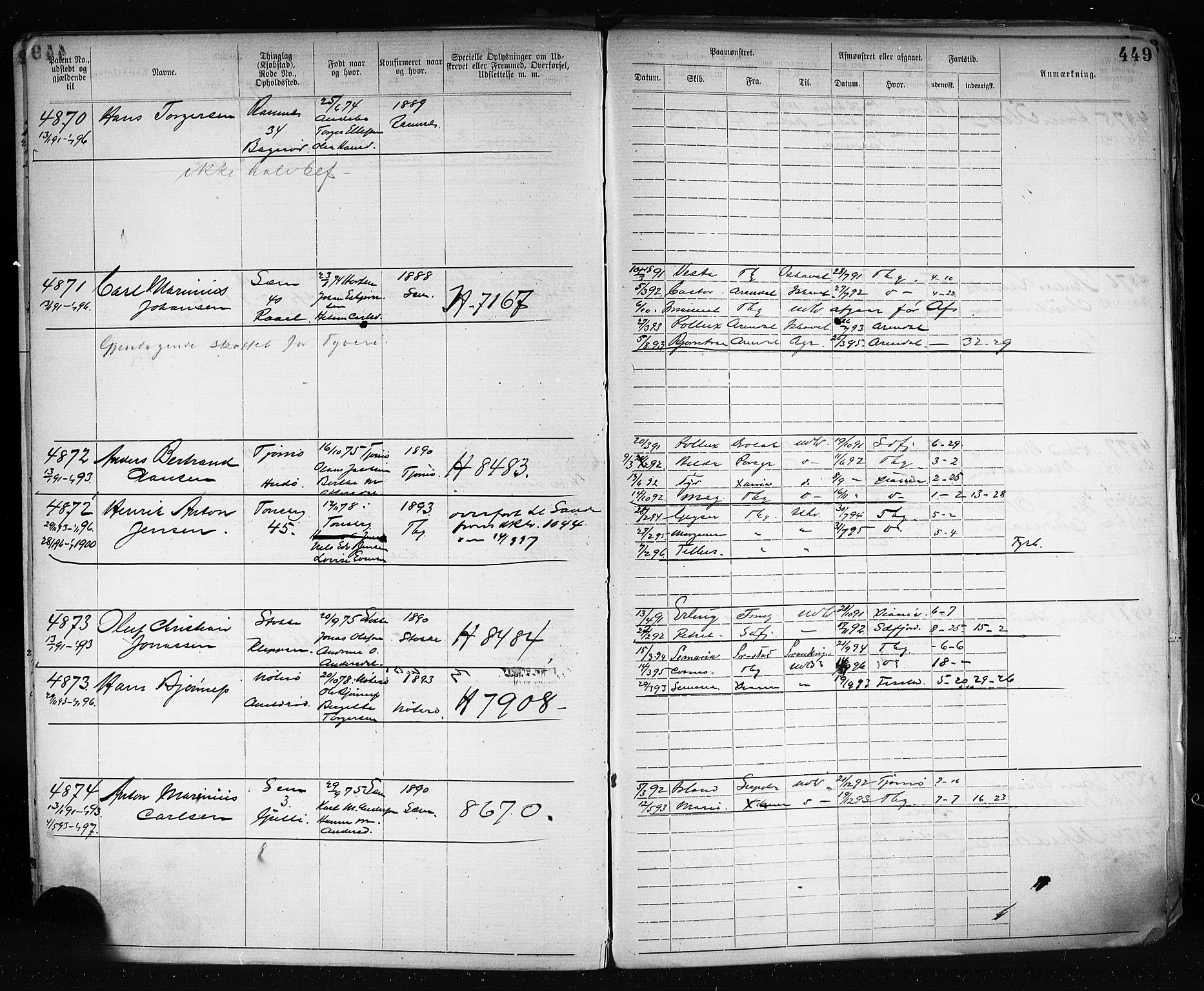 Tønsberg innrulleringskontor, AV/SAKO-A-786/F/Fb/L0003: Annotasjonsrulle Patent nr. 2646-5149, 1881-1892, s. 459