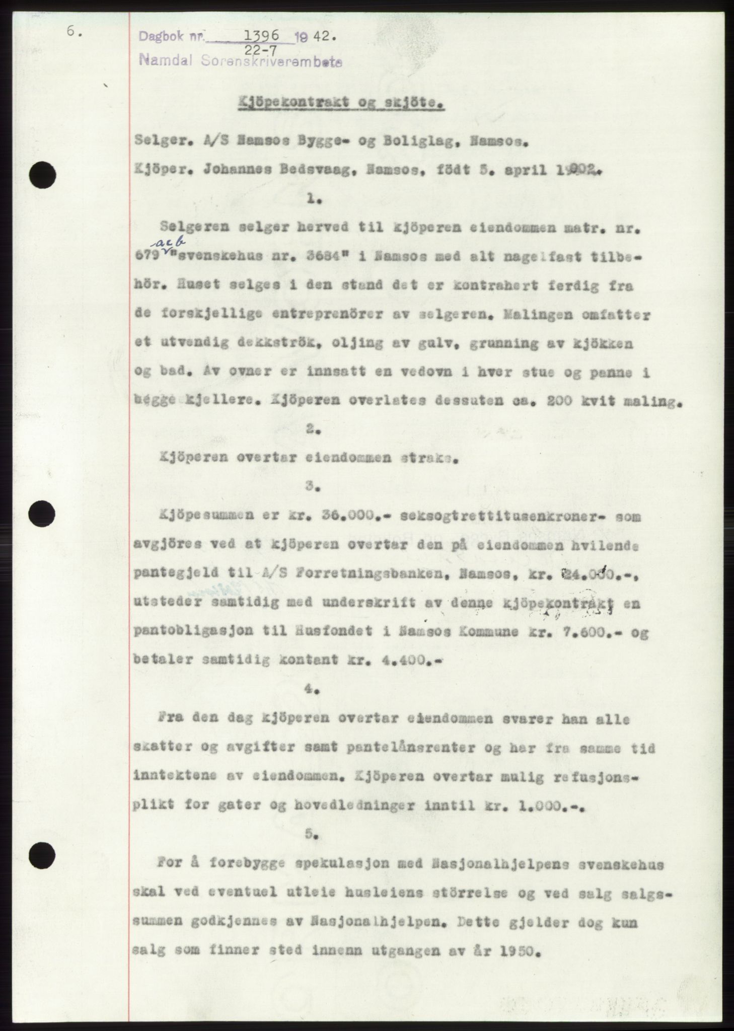 Namdal sorenskriveri, SAT/A-4133/1/2/2C: Pantebok nr. -, 1942-1943, Dagboknr: 1396/1942