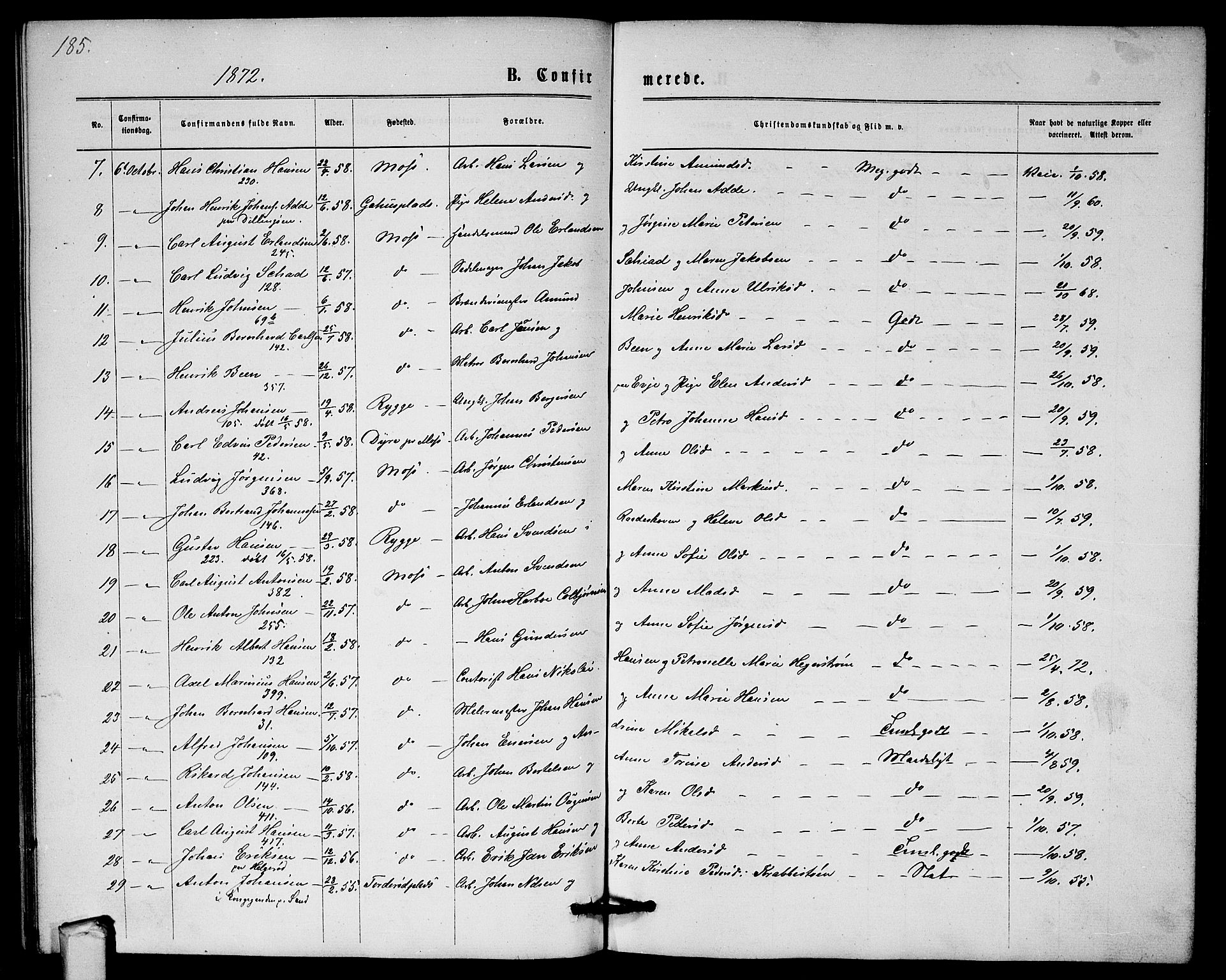 Moss prestekontor Kirkebøker, AV/SAO-A-2003/G/Ga/L0004: Klokkerbok nr.  I 4, 1869-1877, s. 185