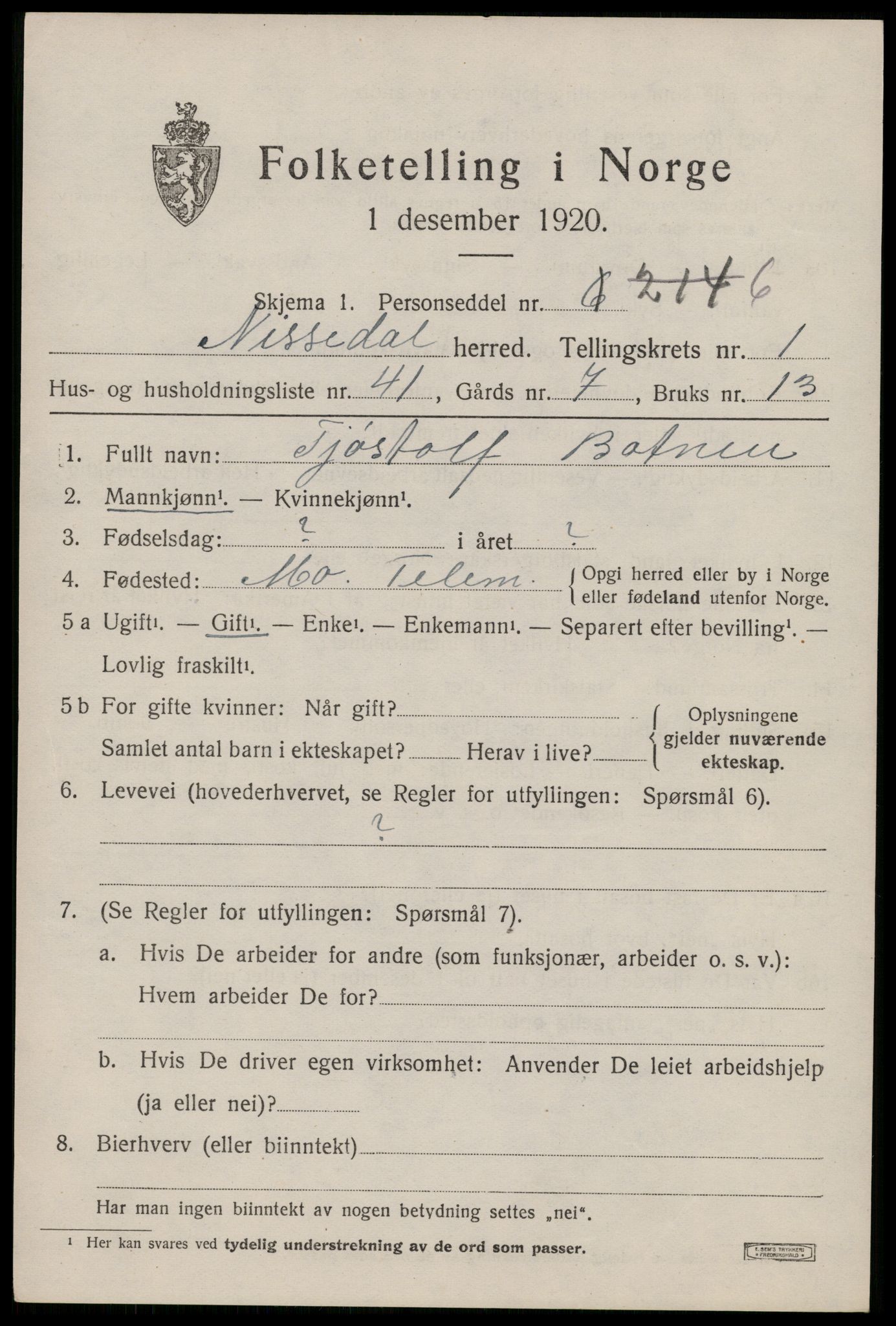 SAKO, Folketelling 1920 for 0830 Nissedal herred, 1920, s. 1261