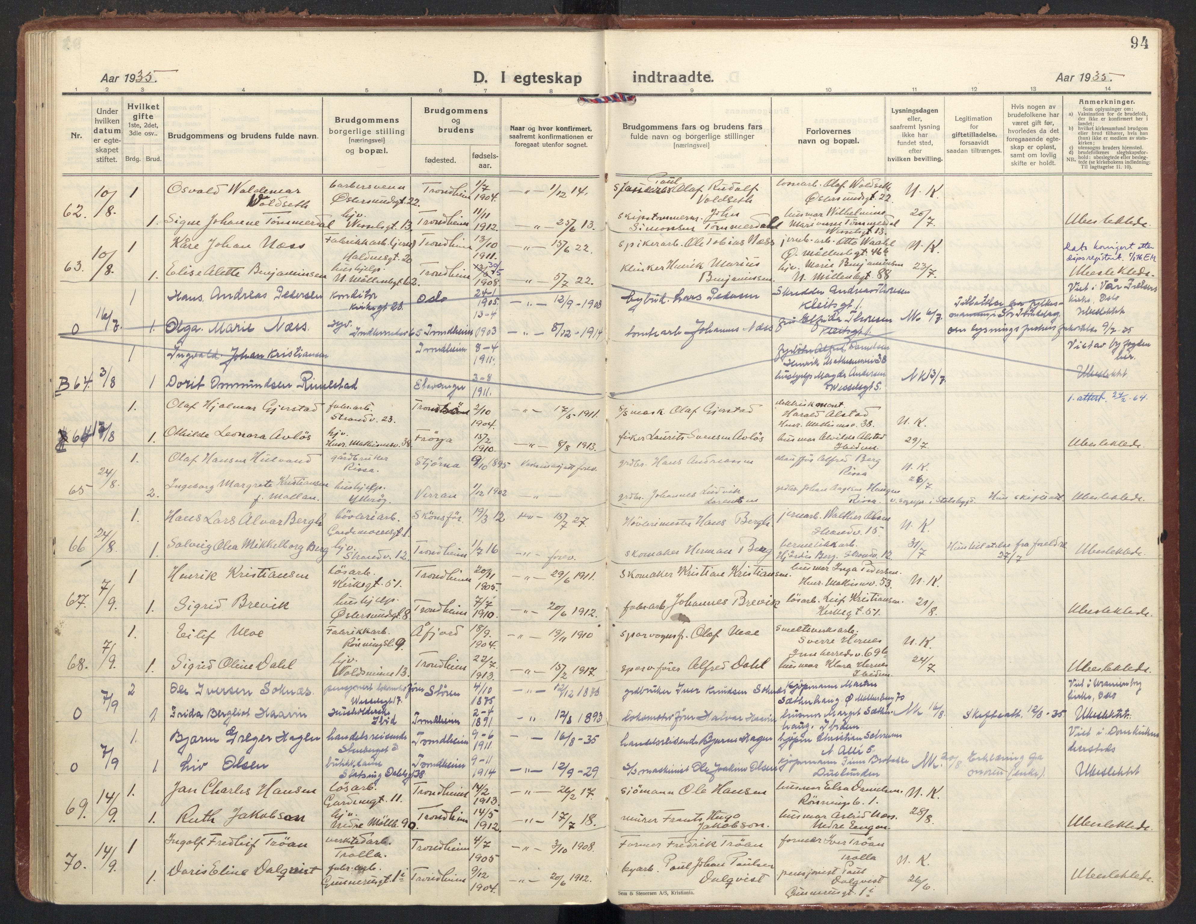 Ministerialprotokoller, klokkerbøker og fødselsregistre - Sør-Trøndelag, SAT/A-1456/605/L0249: Ministerialbok nr. 605A11, 1925-1936, s. 94