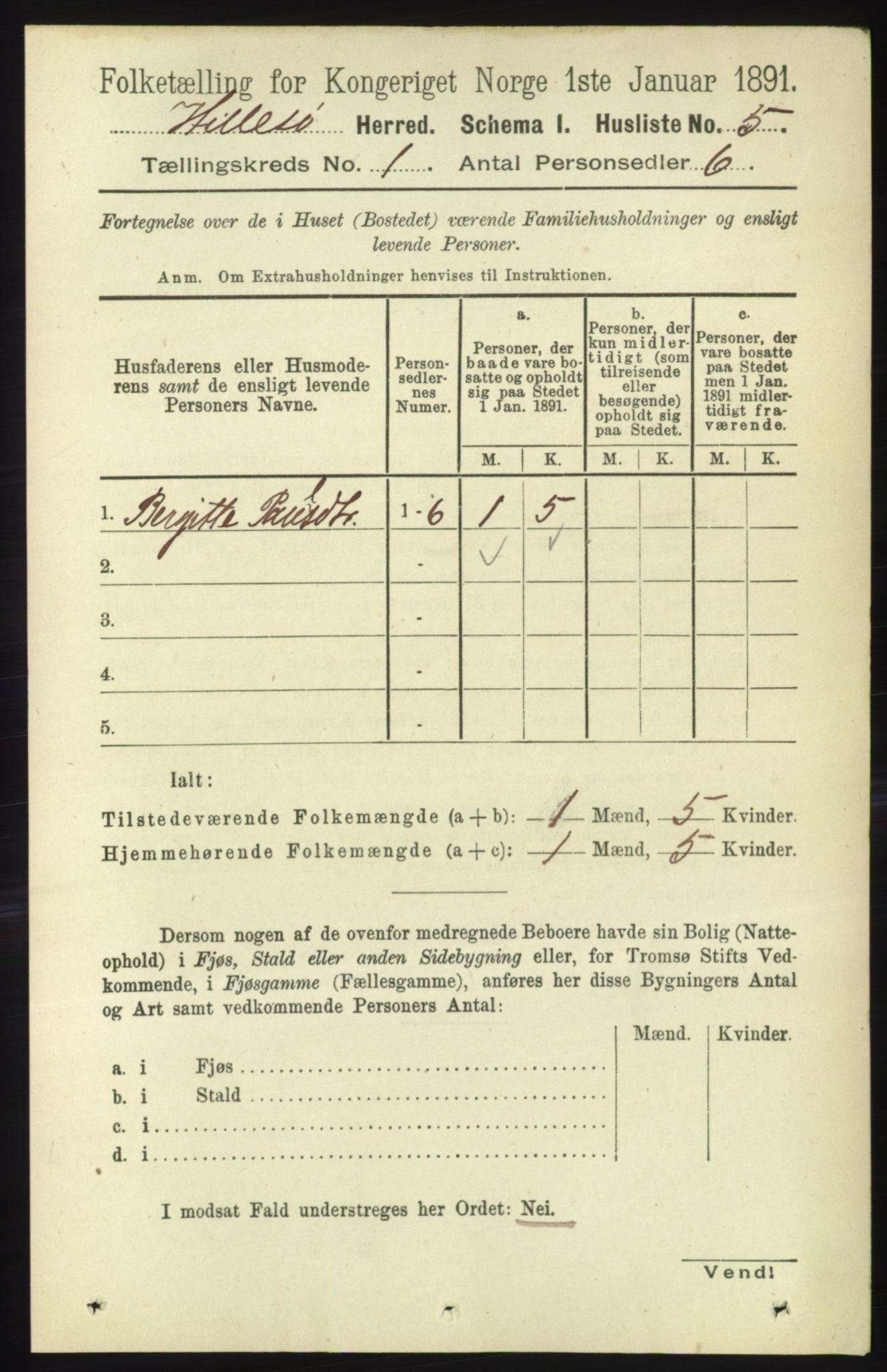 RA, Folketelling 1891 for 1930 Hillesøy herred, 1891, s. 18