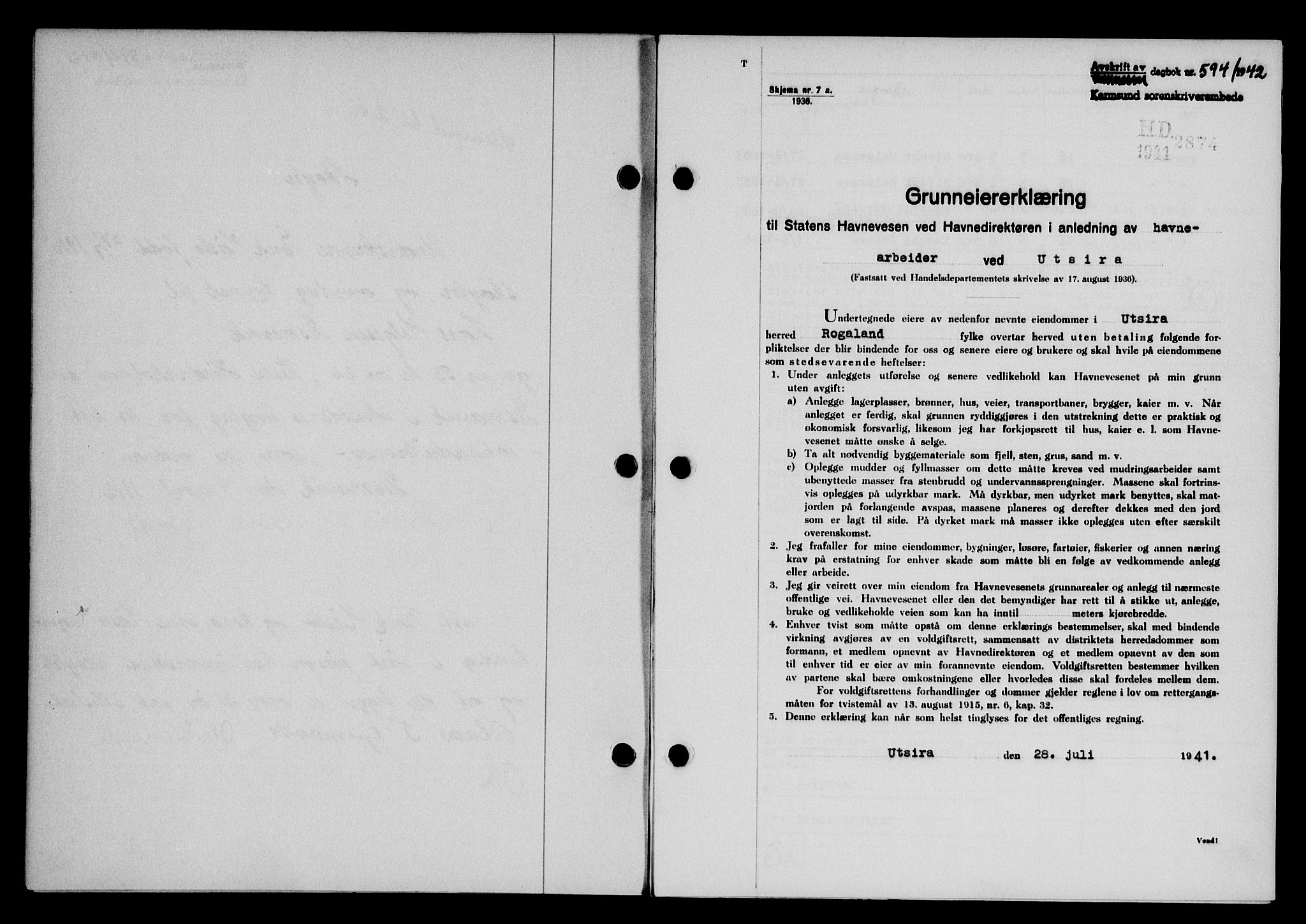 Karmsund sorenskriveri, SAST/A-100311/01/II/IIB/L0077: Pantebok nr. 58A, 1942-1942, Dagboknr: 594/1942