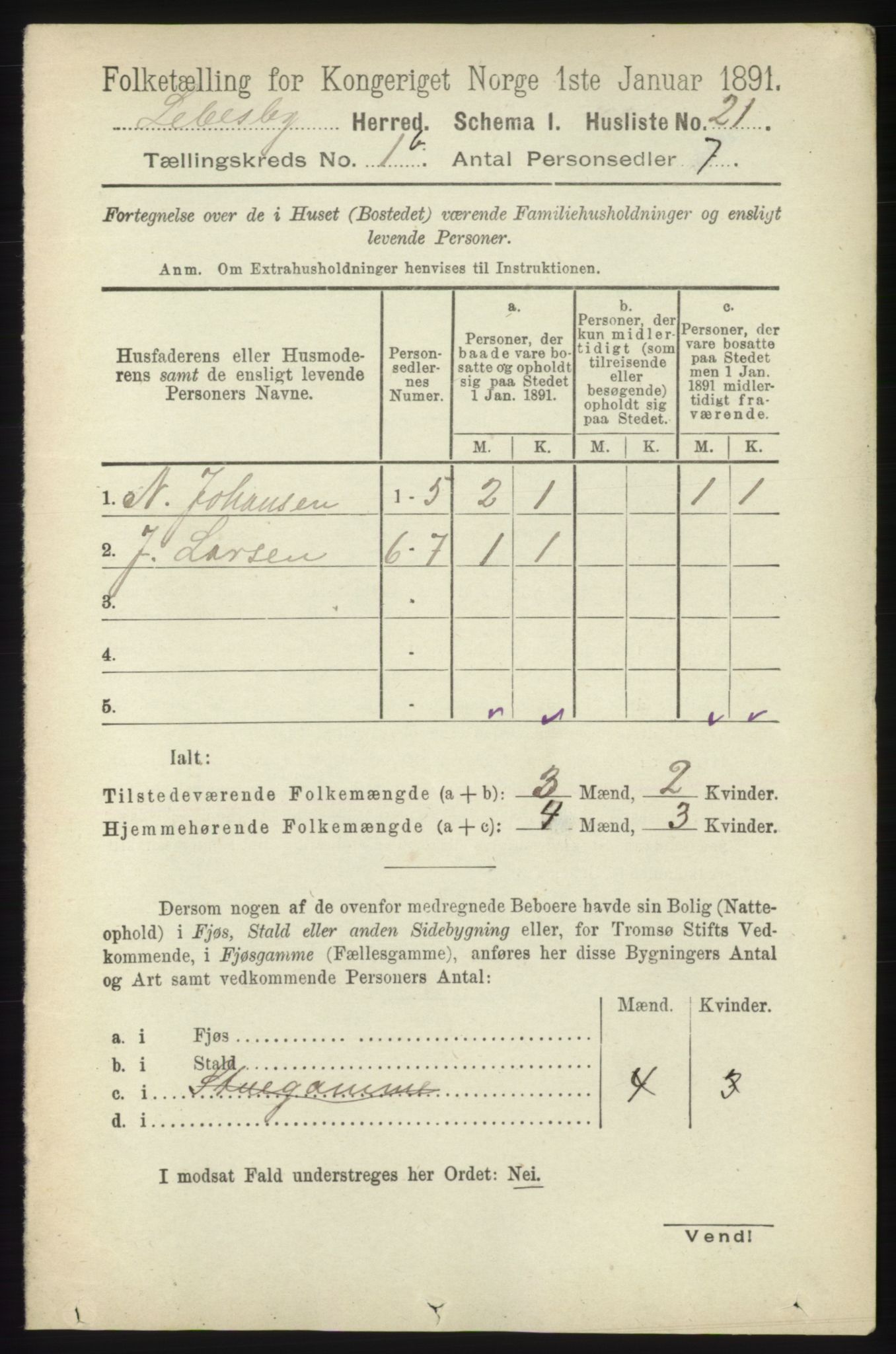 RA, Folketelling 1891 for 2022 Lebesby herred, 1891, s. 99