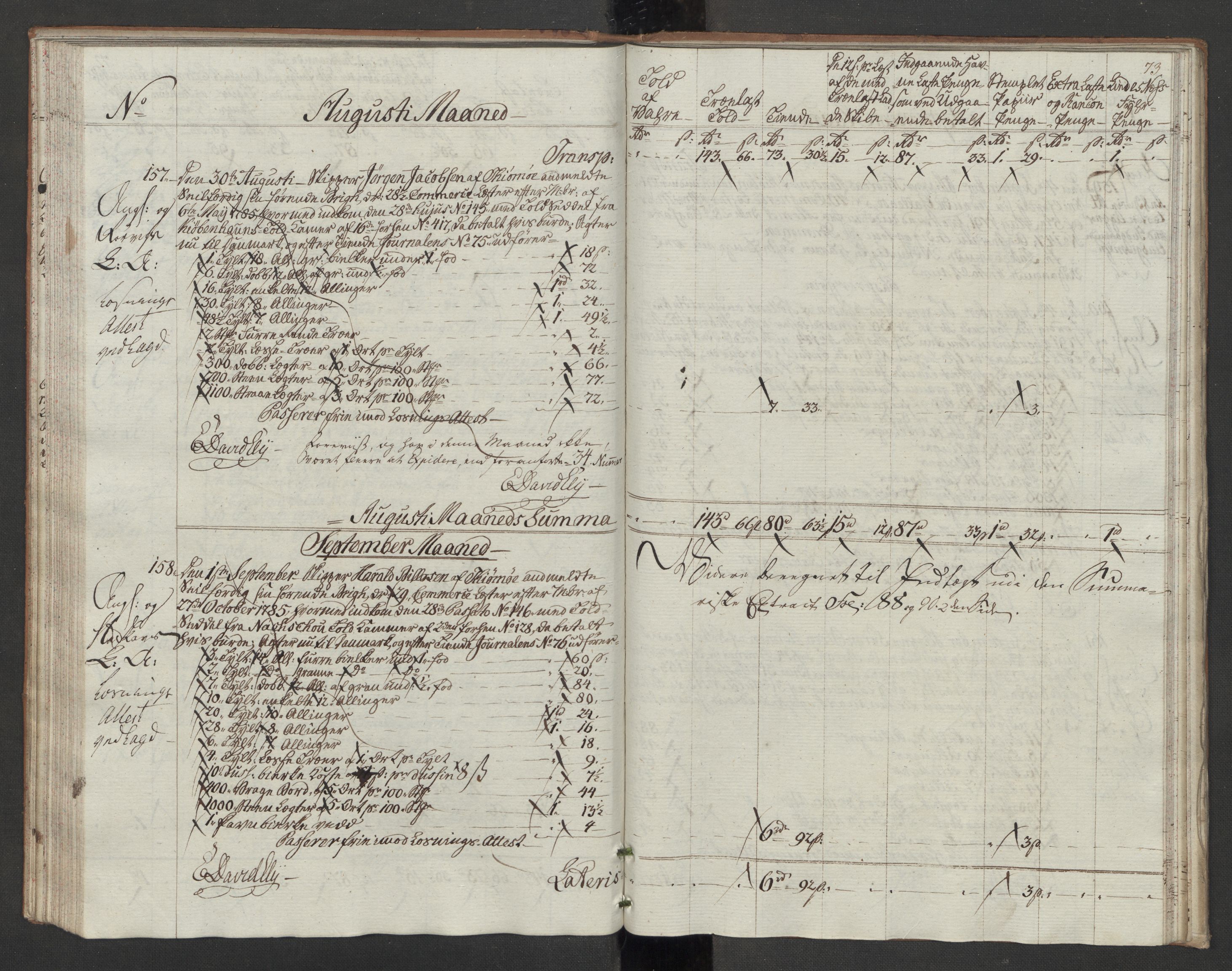 Generaltollkammeret, tollregnskaper, RA/EA-5490/R10/L0054/0002: Tollregnskaper Tønsberg / Utgående tollbok, 1790-1792, s. 72b-73a