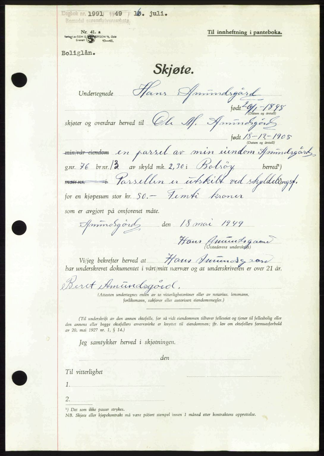 Romsdal sorenskriveri, SAT/A-4149/1/2/2C: Pantebok nr. A30, 1949-1949, Dagboknr: 1991/1949