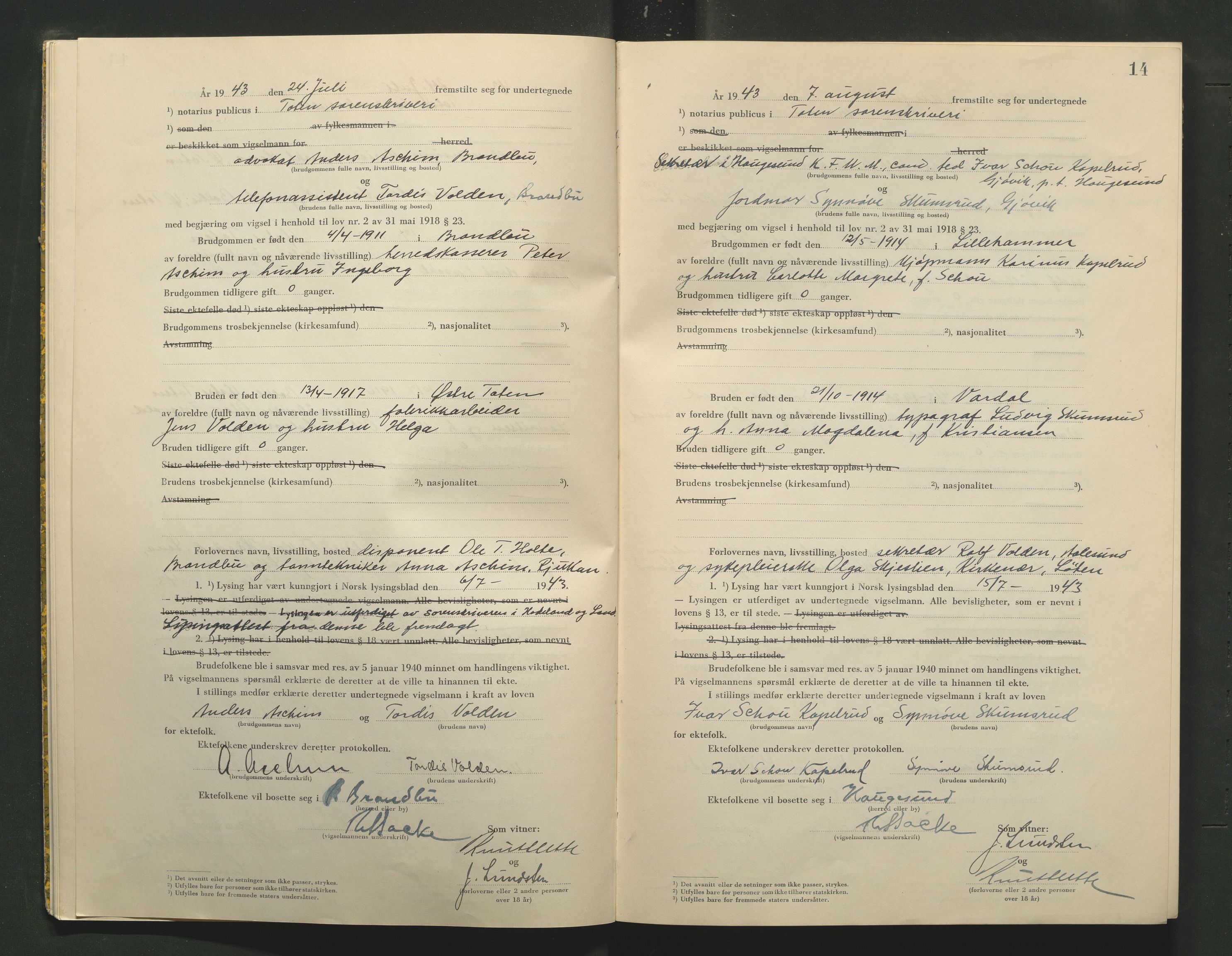 Toten tingrett, AV/SAH-TING-006/L/Lc/L0003: Vigselbok, 1943-1944, s. 14