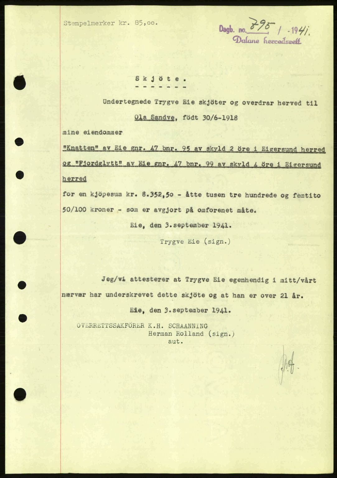 Dalane sorenskriveri, SAST/A-100309/02/G/Gb/L0045: Pantebok nr. A6, 1941-1942, Dagboknr: 795/1941