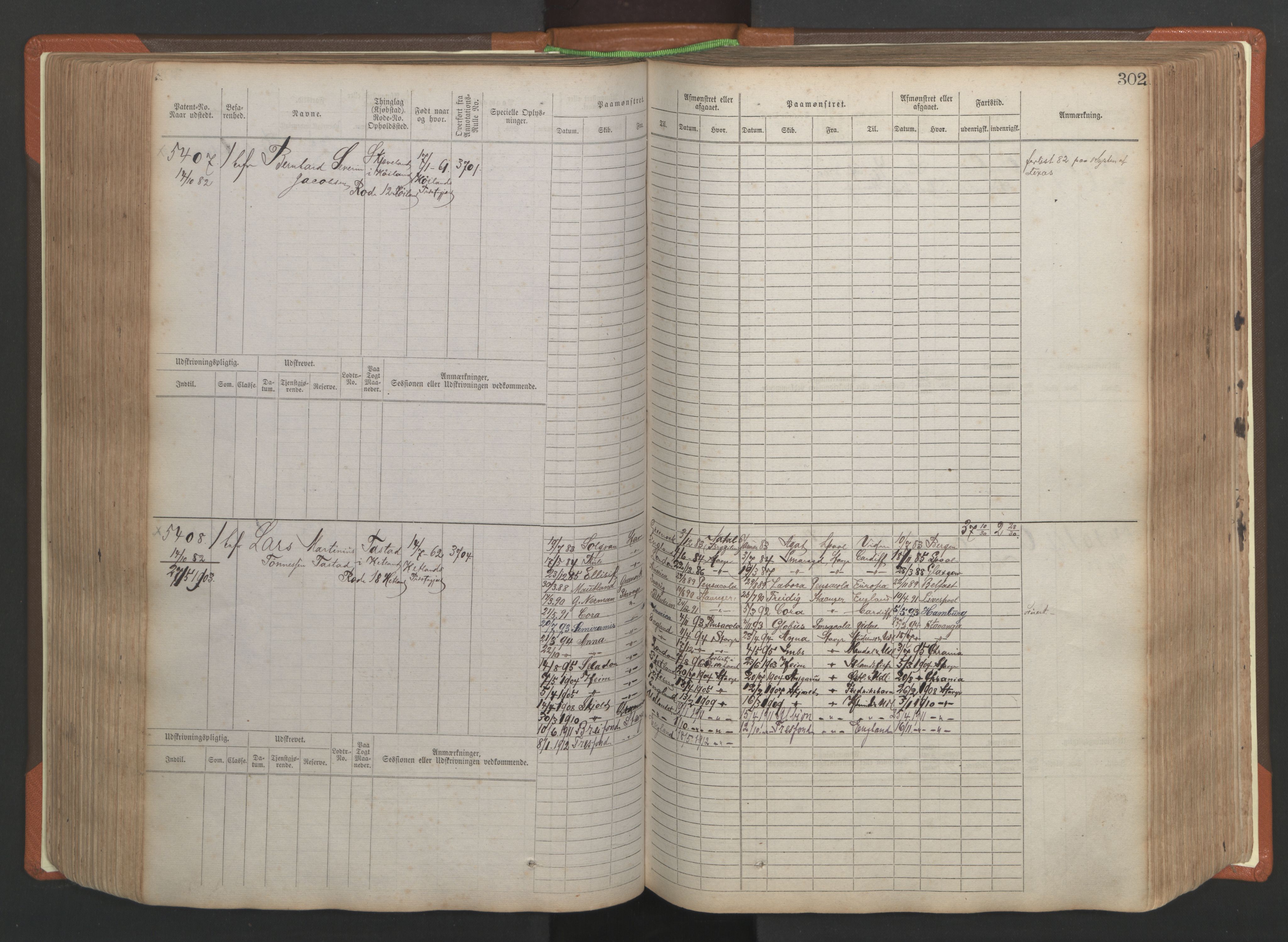 Stavanger sjømannskontor, AV/SAST-A-102006/F/Fb/Fbb/L0009: Sjøfartshovedrulle, patentnr. 4805-6006, 1879-1887, s. 308