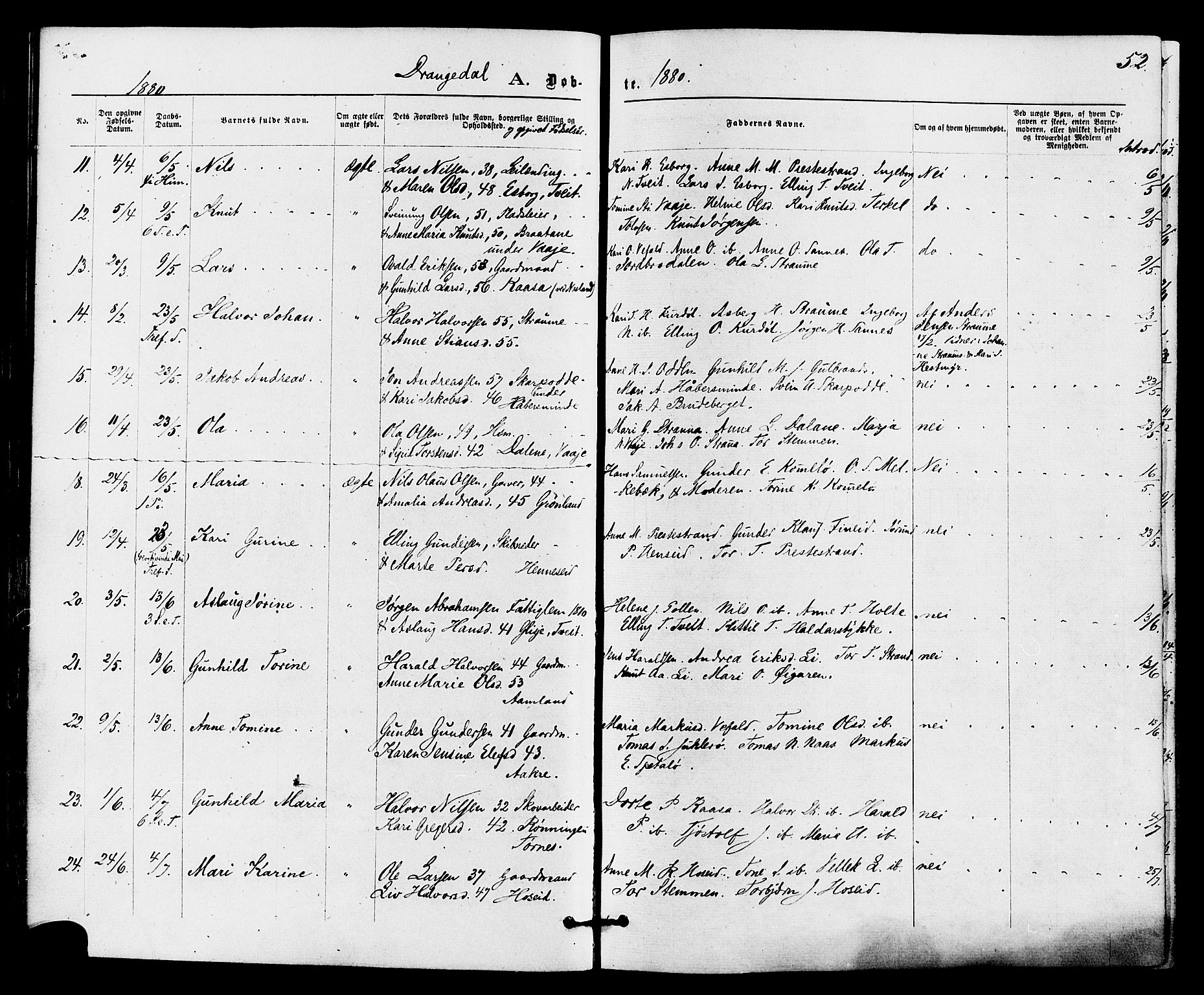 Drangedal kirkebøker, AV/SAKO-A-258/F/Fa/L0009: Ministerialbok nr. 9 /1, 1872-1884, s. 52