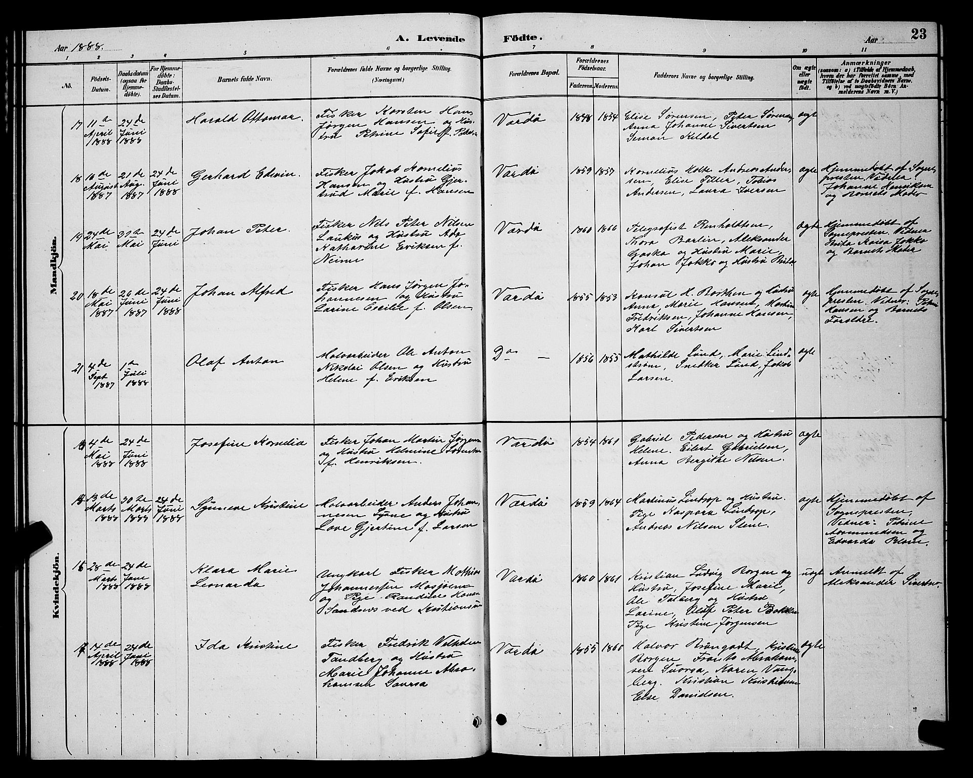 Vardø sokneprestkontor, AV/SATØ-S-1332/H/Hb/L0005klokker: Klokkerbok nr. 5, 1887-1892, s. 23