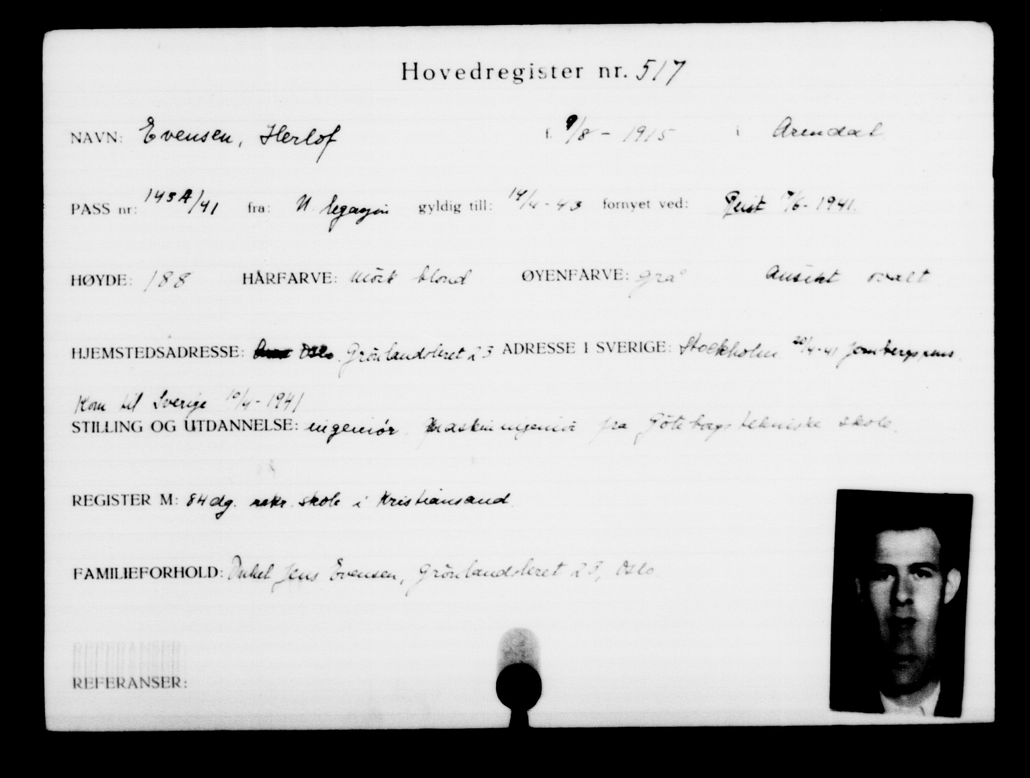 Utenriksstasjonene, Legasjonen i Stockholm, Flyktningkontoret, AV/RA-S-6753/V/Va/L0001: Kjesäterkartoteket, flyktninger med registreringsnr. 1-1000, 1940-1945, s. 797