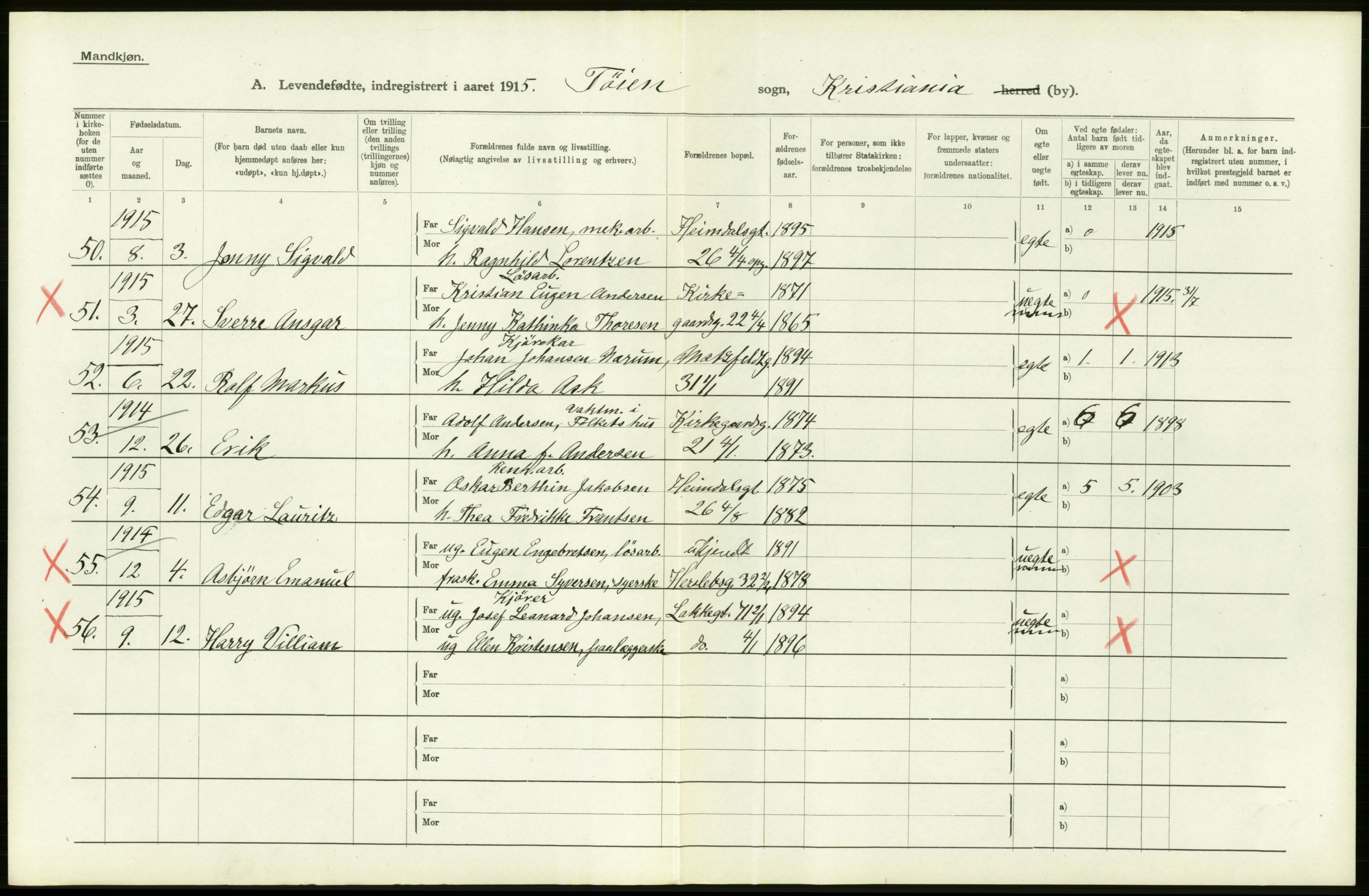 Statistisk sentralbyrå, Sosiodemografiske emner, Befolkning, RA/S-2228/D/Df/Dfb/Dfbe/L0006: Kristiania: Levendefødte menn og kvinner., 1915, s. 174