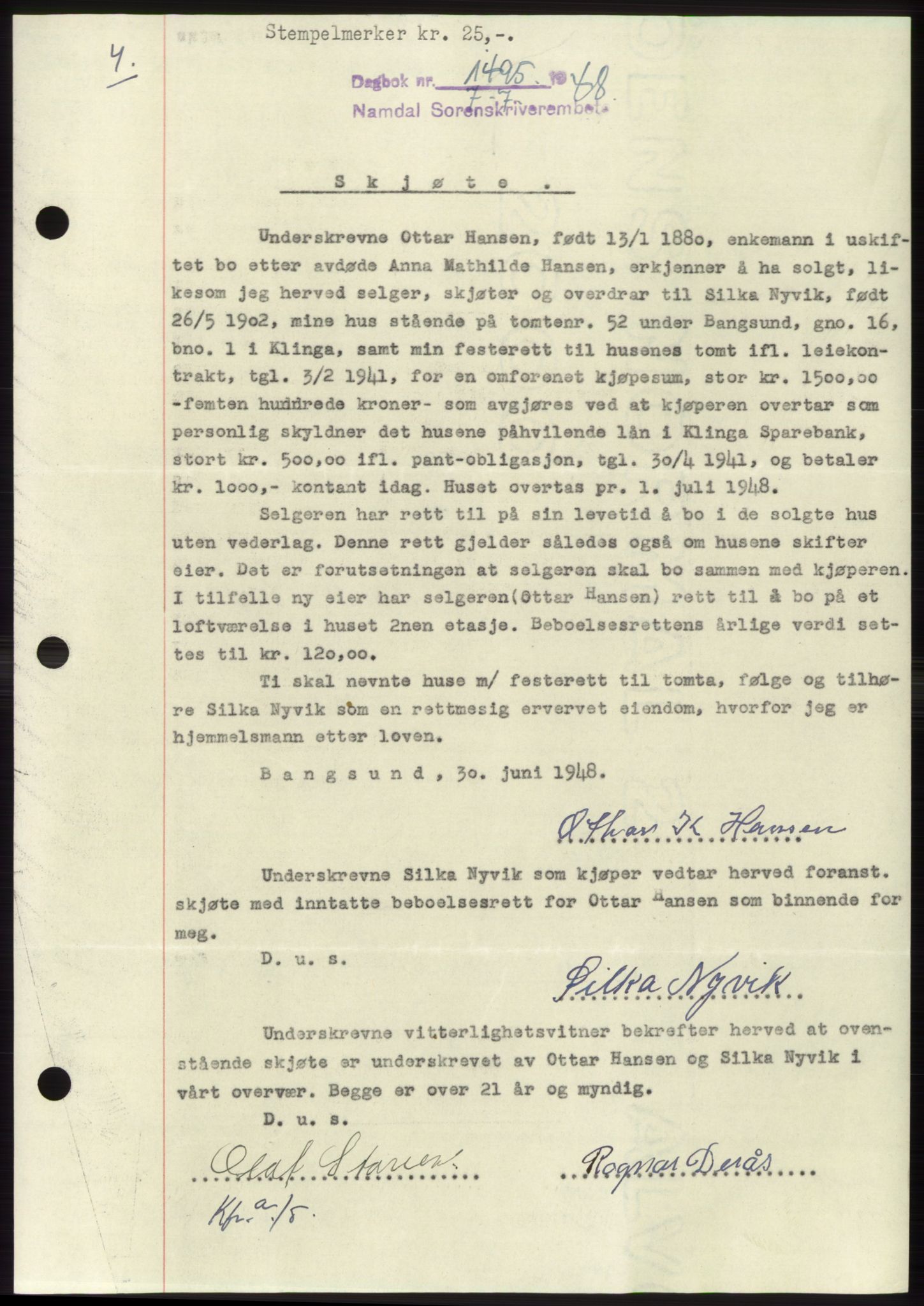 Namdal sorenskriveri, SAT/A-4133/1/2/2C: Pantebok nr. -, 1948-1948, Dagboknr: 1495/1948