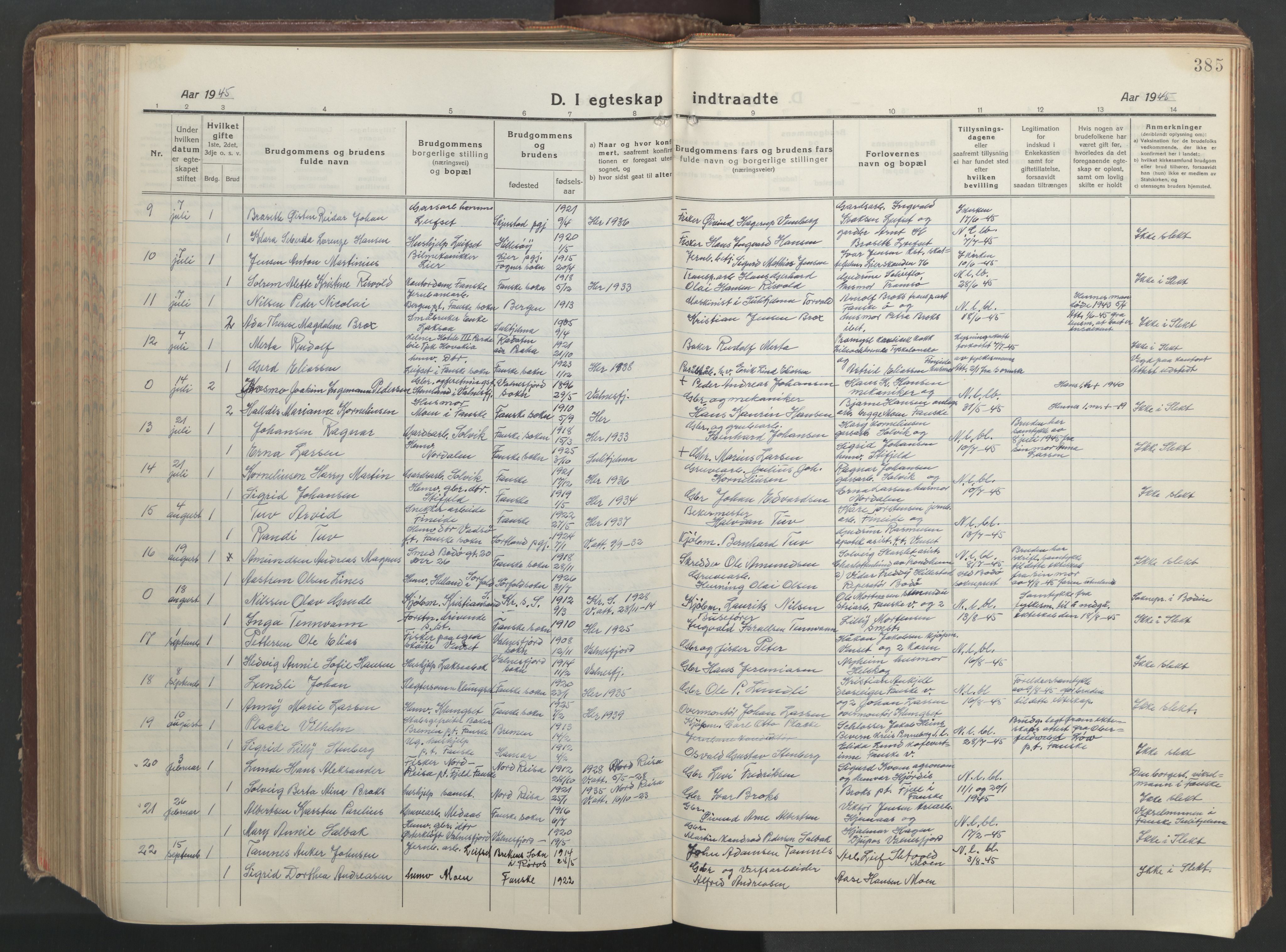 Ministerialprotokoller, klokkerbøker og fødselsregistre - Nordland, AV/SAT-A-1459/849/L0700: Klokkerbok nr. 849C01, 1919-1946, s. 385