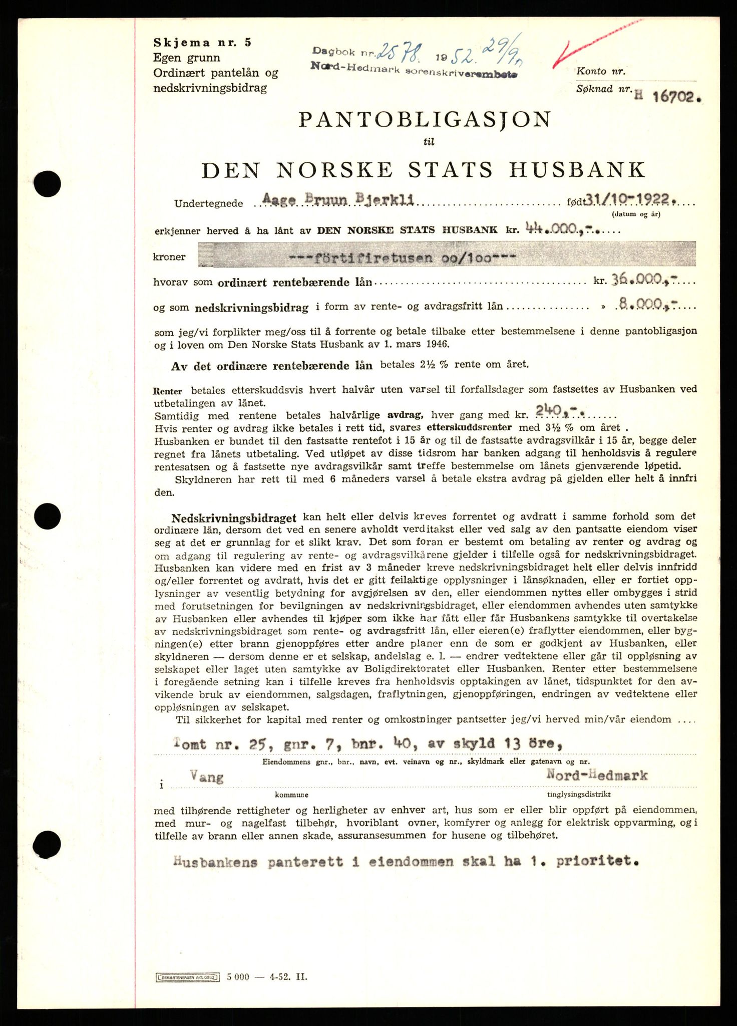 Nord-Hedmark sorenskriveri, SAH/TING-012/H/Hb/Hbf/L0025: Pantebok nr. B25, 1952-1952, Dagboknr: 2578/1952