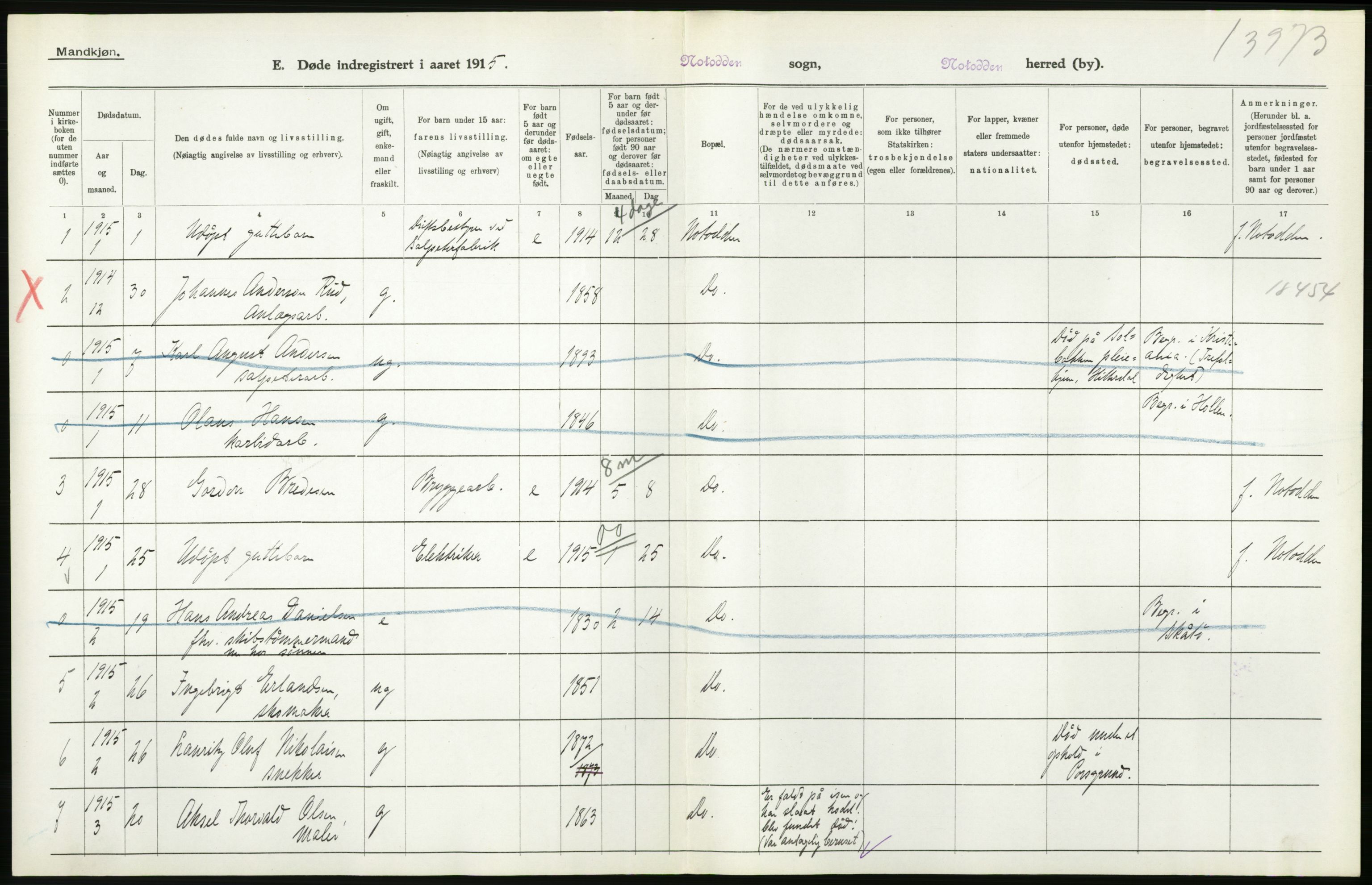 Statistisk sentralbyrå, Sosiodemografiske emner, Befolkning, RA/S-2228/D/Df/Dfb/Dfbe/L0022: Bratsberg amt: Døde, dødfødte. Bygder og byer., 1915, s. 390