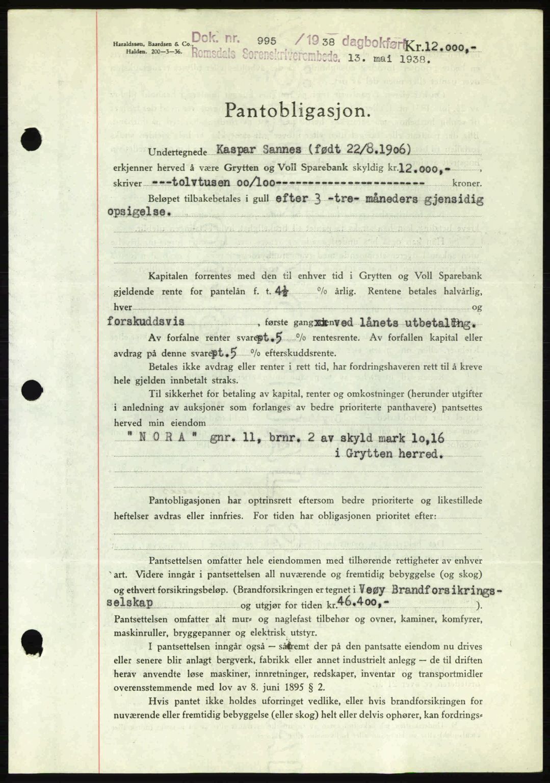 Romsdal sorenskriveri, SAT/A-4149/1/2/2C: Pantebok nr. B1, 1936-1939, Dagboknr: 995/1938