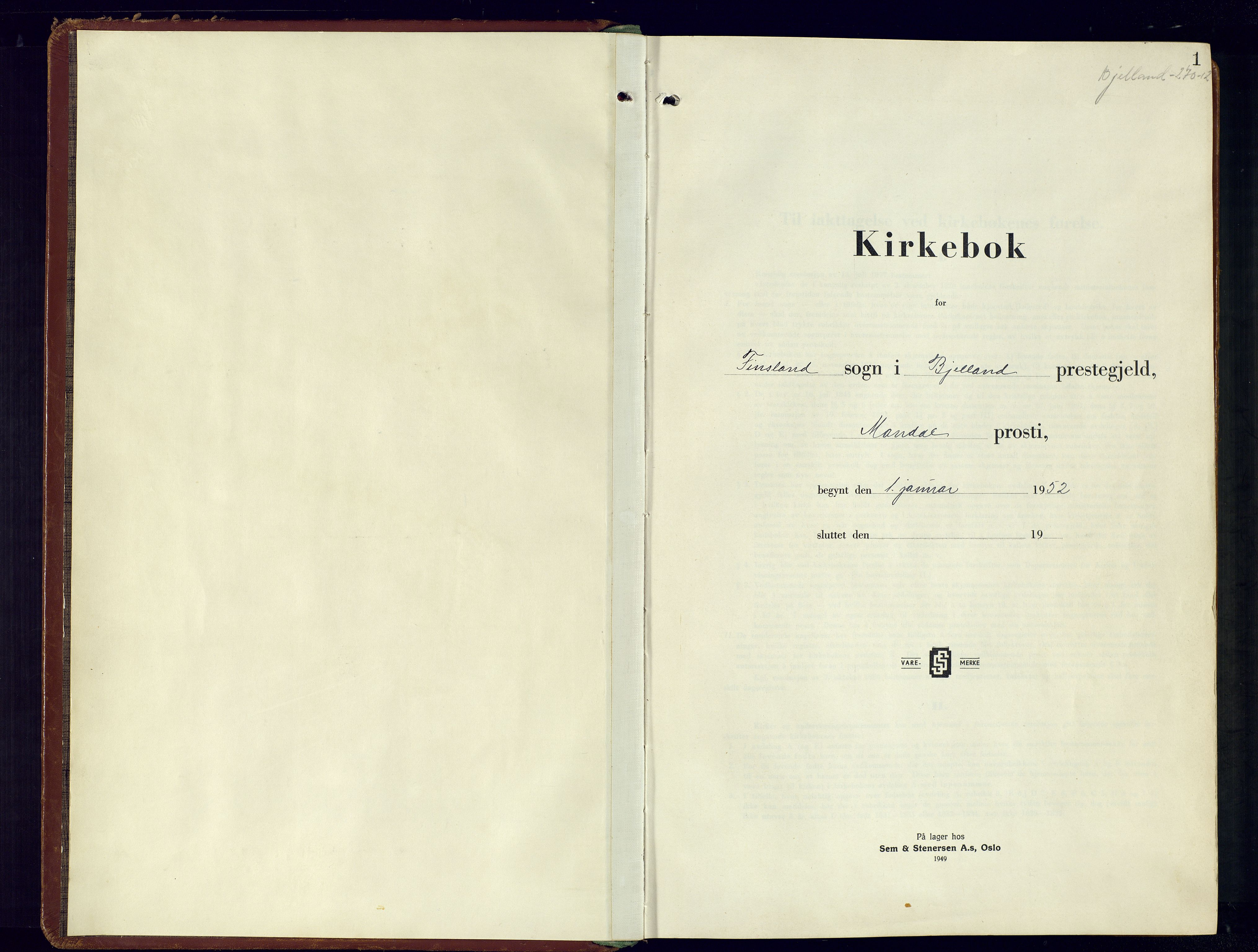 Bjelland sokneprestkontor, SAK/1111-0005/F/Fa/Fab/L0006: Ministerialbok nr. A-6, 1952-1988, s. 1