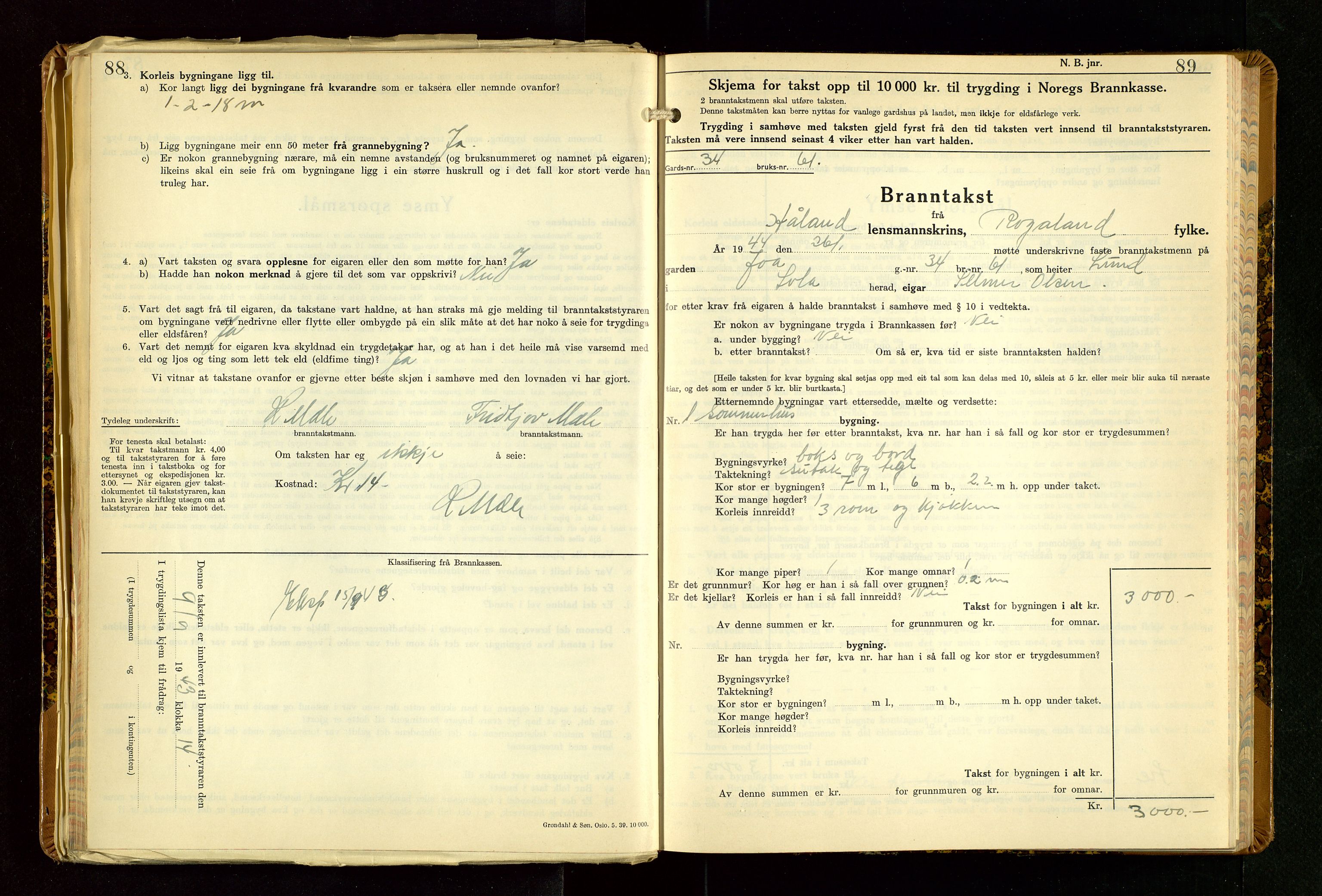 Håland lensmannskontor, SAST/A-100100/Gob/L0013: "Branntakstprotokoll" - skjematakst. Register i boken., 1941-1950, s. 88-89